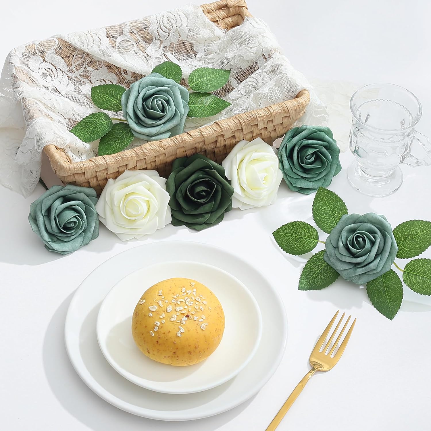 Green Artificial Flowers Foam Green Roses With Stems For Diy Wedding Flowers Bridal Shower Table Centerpieces Party Decor Christmas Tree 25Pcs