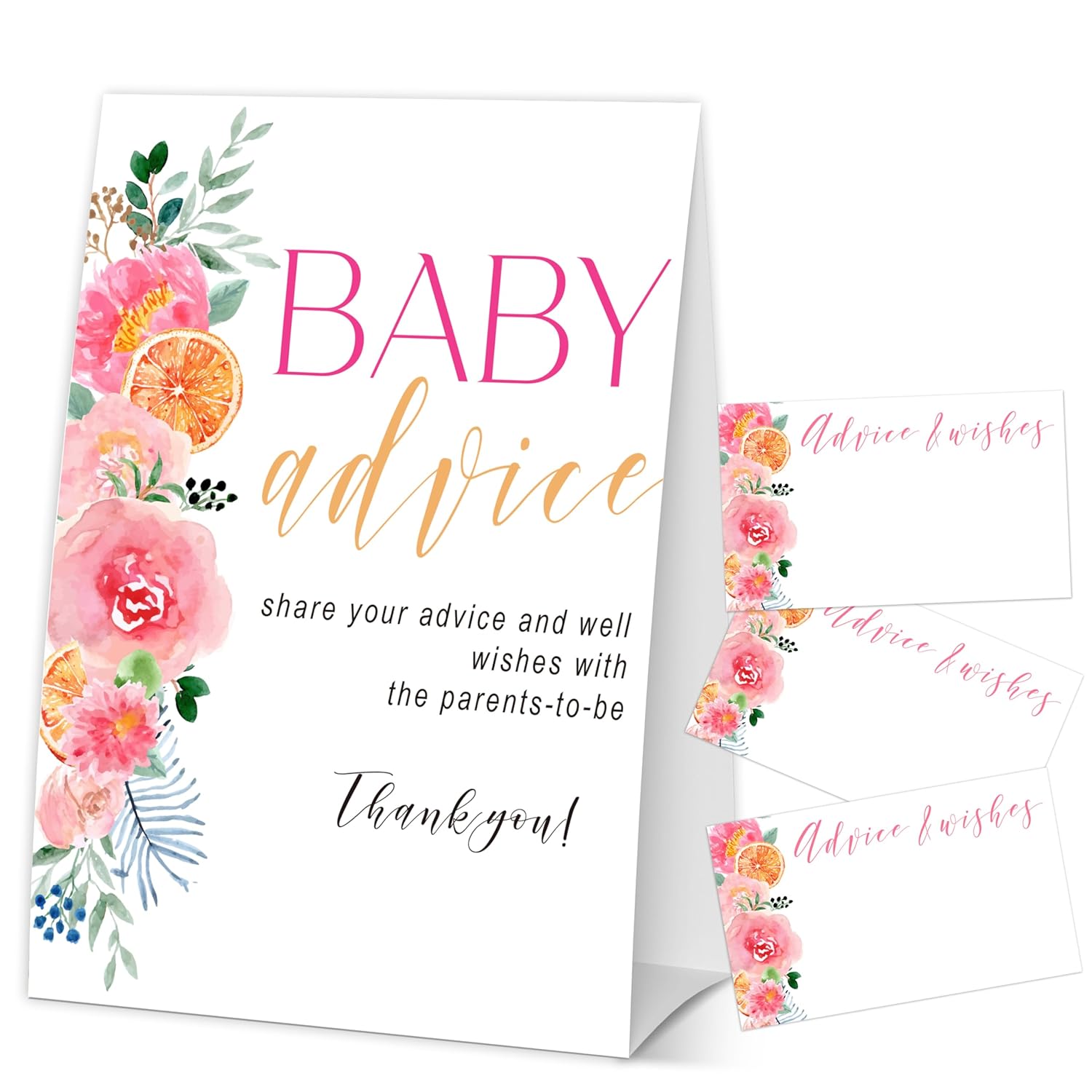 Spring Pink Floral Baby Advice Cards For The Parents-To-Be, Baby In Bloom Baby Shower Decorations Favors, Gender Neutral Party Supplies, 1 Sign & 50 Cards-B09