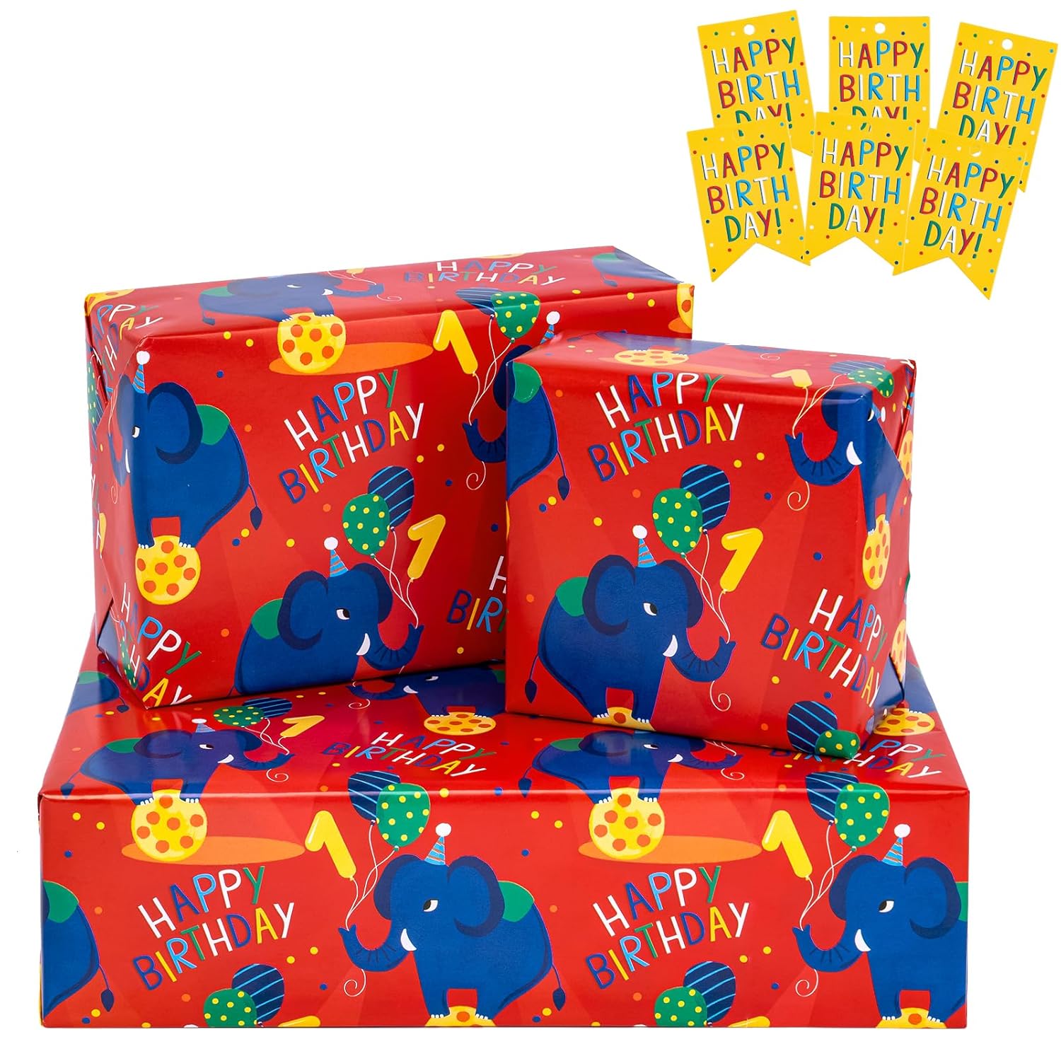 Birthday Wrapping Paper With Elephant Pattern, Great For Gift Wrap - 6 Sheets Each, 27 X 19 Inches, Age 1