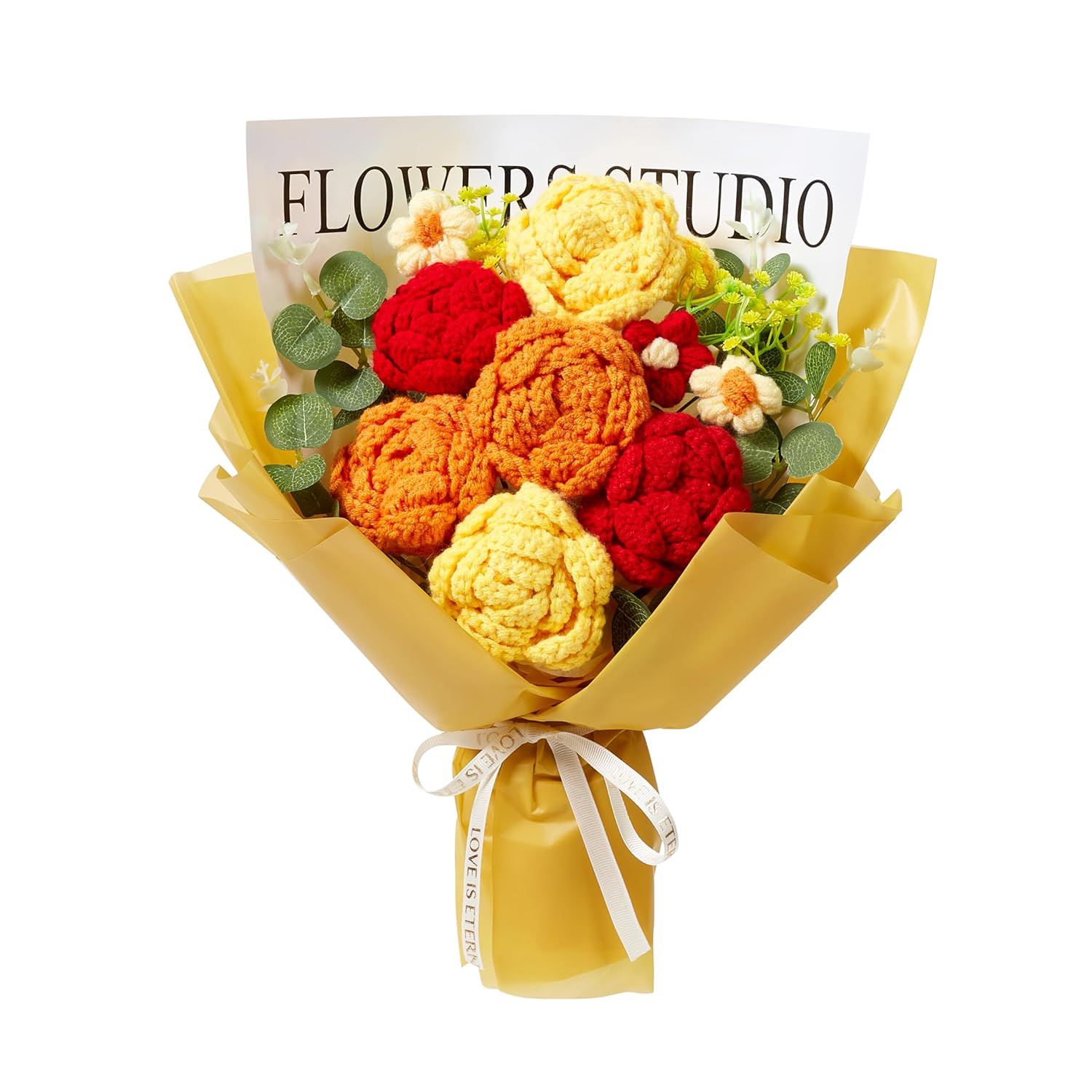Orange Red Crochet Flower Bouquet, Orange Red Knitted Flowers Rose Crochet Bouquet Handmade For Wedding, Anniversary, Christmas, Graduation Crochet Gifts For Women (Includes Card)
