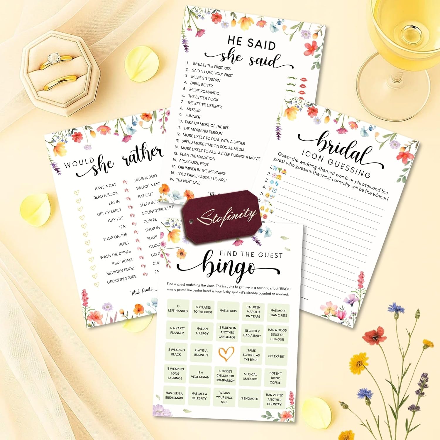 Hilarious Bridal Shower Games 30 Guests - Wedding Games For Reception Decorations, Funny Find The Guest Bingo Game, He Said She Said Would She Rather Wildflower Bridal Shower Decorations