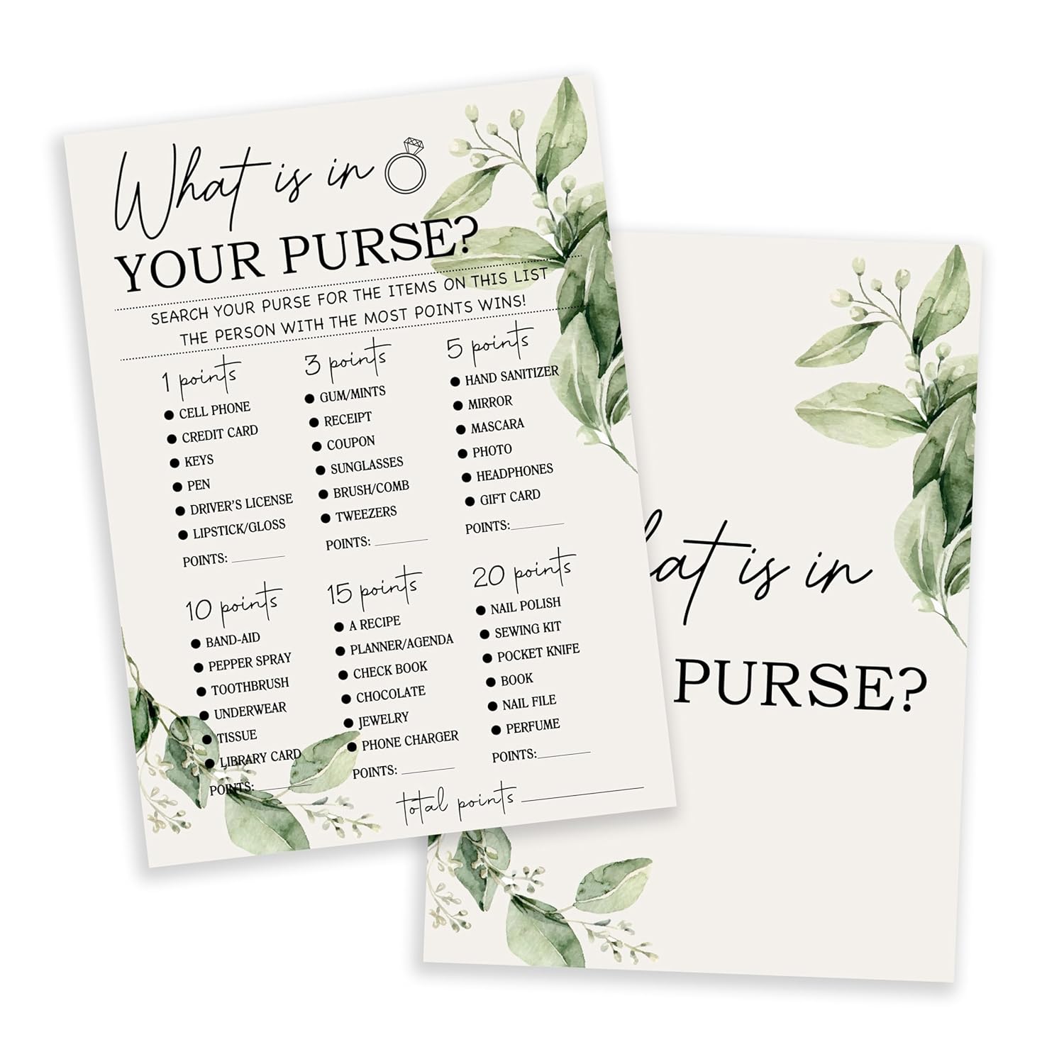 Greenery Bridal Shower Games Cards, What Is In Your Purse Game Card Reception For Wedding Showers Engagement Party Bachelorette Party, Bridal Party Games For Decorations Favors Supplies, Set Of 25-03