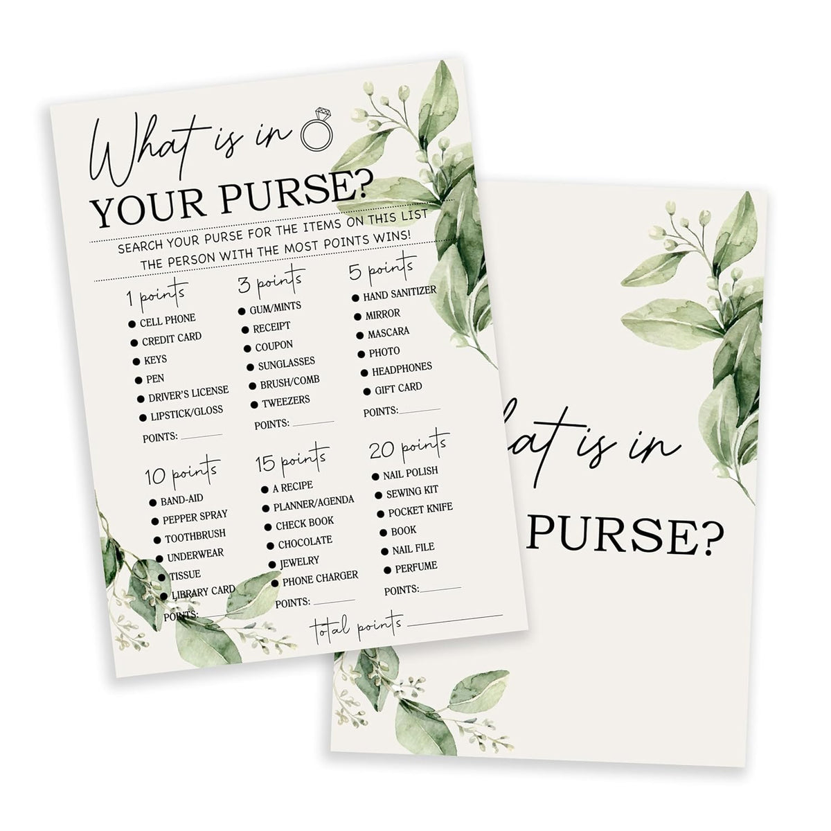Greenery Bridal Shower Games Cards, What Is In Your Purse Game Card Reception For Wedding Showers Engagement Party Bachelorette Party, Bridal Party Games For Decorations Favors Supplies, Set Of 25-03