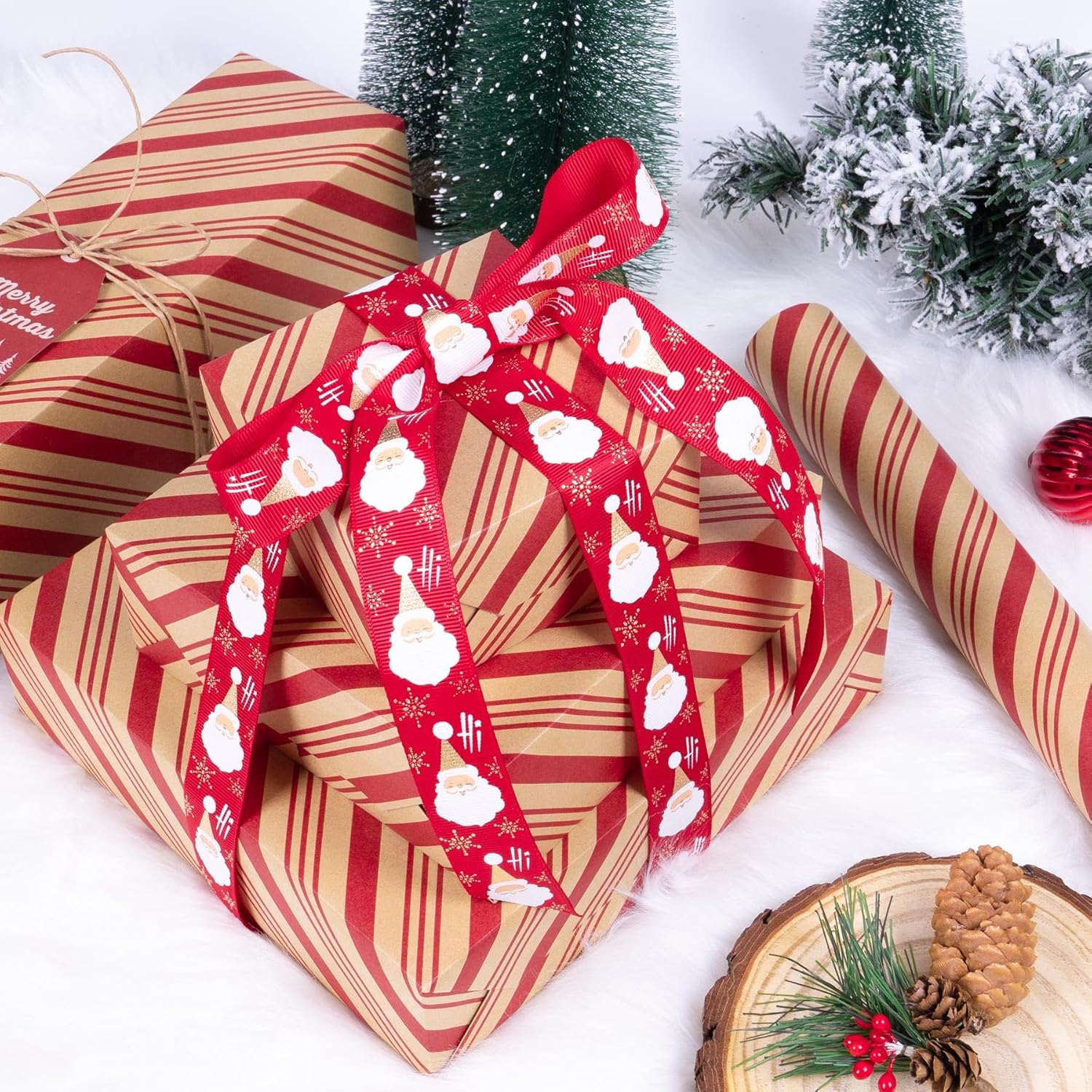 Christmas Wrapping Paper, Kraft Paper Roll With Classic Stripe Design 17Inch X 33Feet, Mini Red Wrapping Paper Roll Vintage Gift Wrap Paper For New Year Holiday, Birthday, Craft & Art