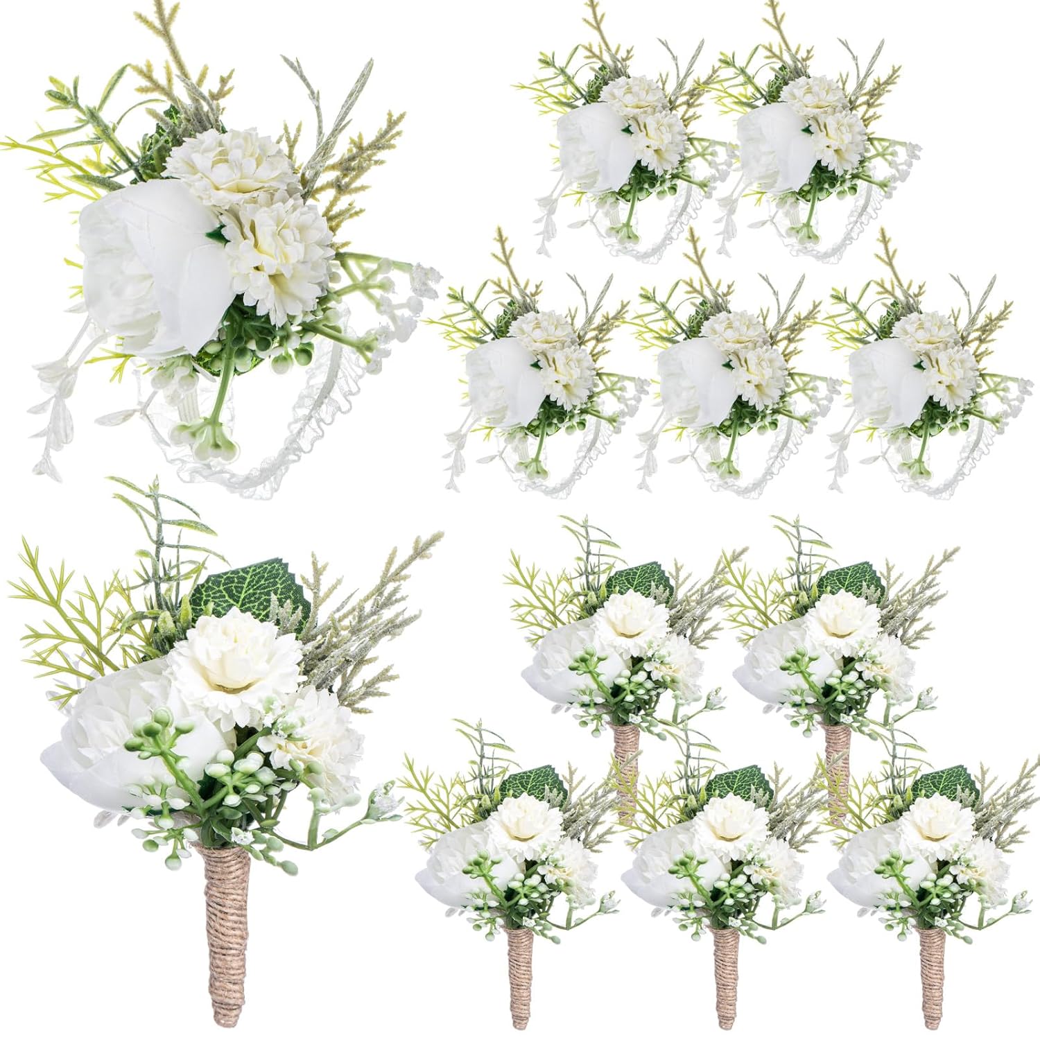 12 Pcs Wedding Corsage And Boutonniere Set Artificial Rose Wedding Corsage Wristband With Pins For Prom Men Bride Party Accessories Groom Groomsmen Bridesmaids Women (Retro,White)