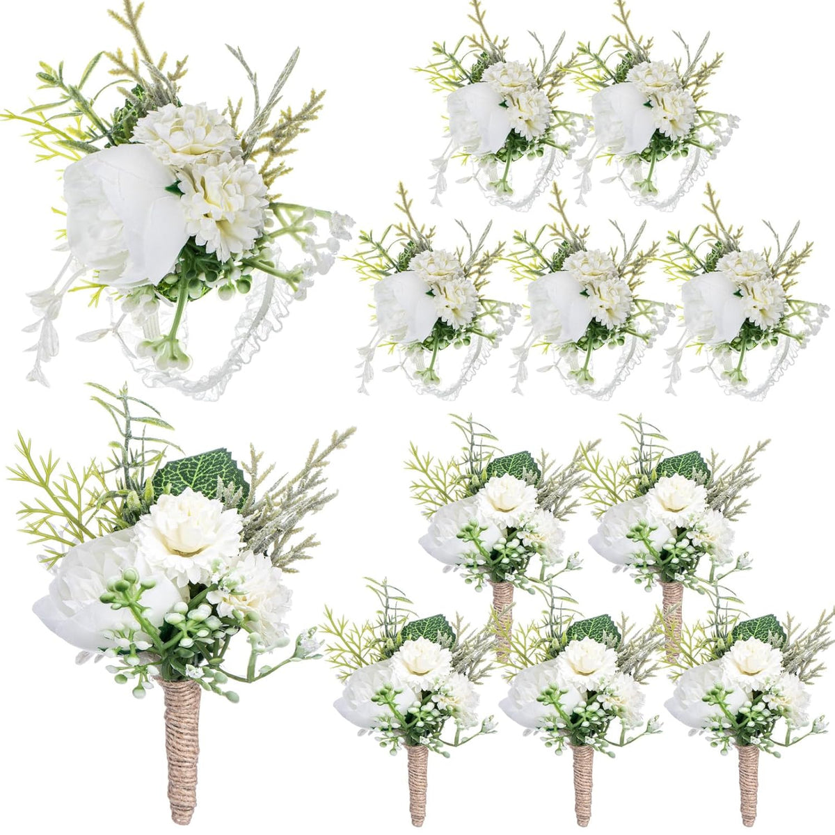 12 Pcs Wedding Corsage And Boutonniere Set Artificial Rose Wedding Corsage Wristband With Pins For Prom Men Bride Party Accessories Groom Groomsmen Bridesmaids Women (Retro,White)