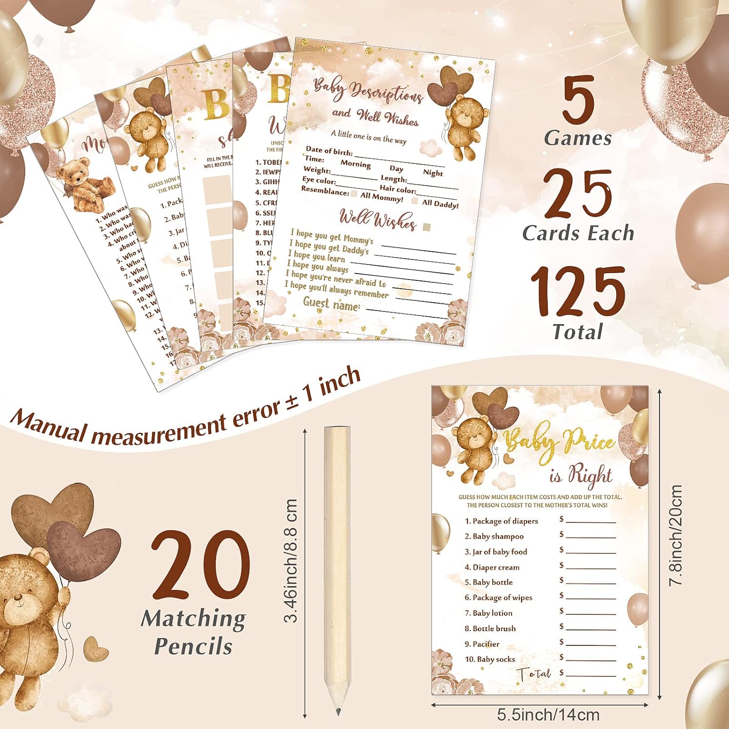 145 Pcs Bear Baby Shower Games Gender Reveal Decoration Set Include 125 Bingo Cards 20 Pencils For 25 Guests For Girl Boy Brown Baby Shower Gender Neutral Party Favor Supplies, 5 Styles