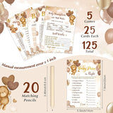 145 Pcs Bear Baby Shower Games Gender Reveal Decoration Set Include 125 Bingo Cards 20 Pencils For 25 Guests For Girl Boy Brown Baby Shower Gender Neutral Party Favor Supplies, 5 Styles