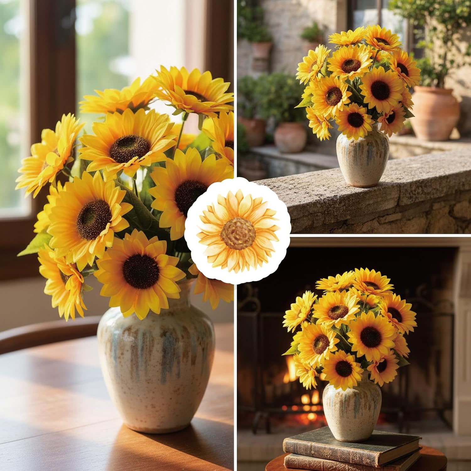 Sunflowers Artificial Flowers For Outdoor - Blank Cards, 6 Bundles Fake Flower Silk Sunflower For Wedding Patio Garden Indoor Decoration