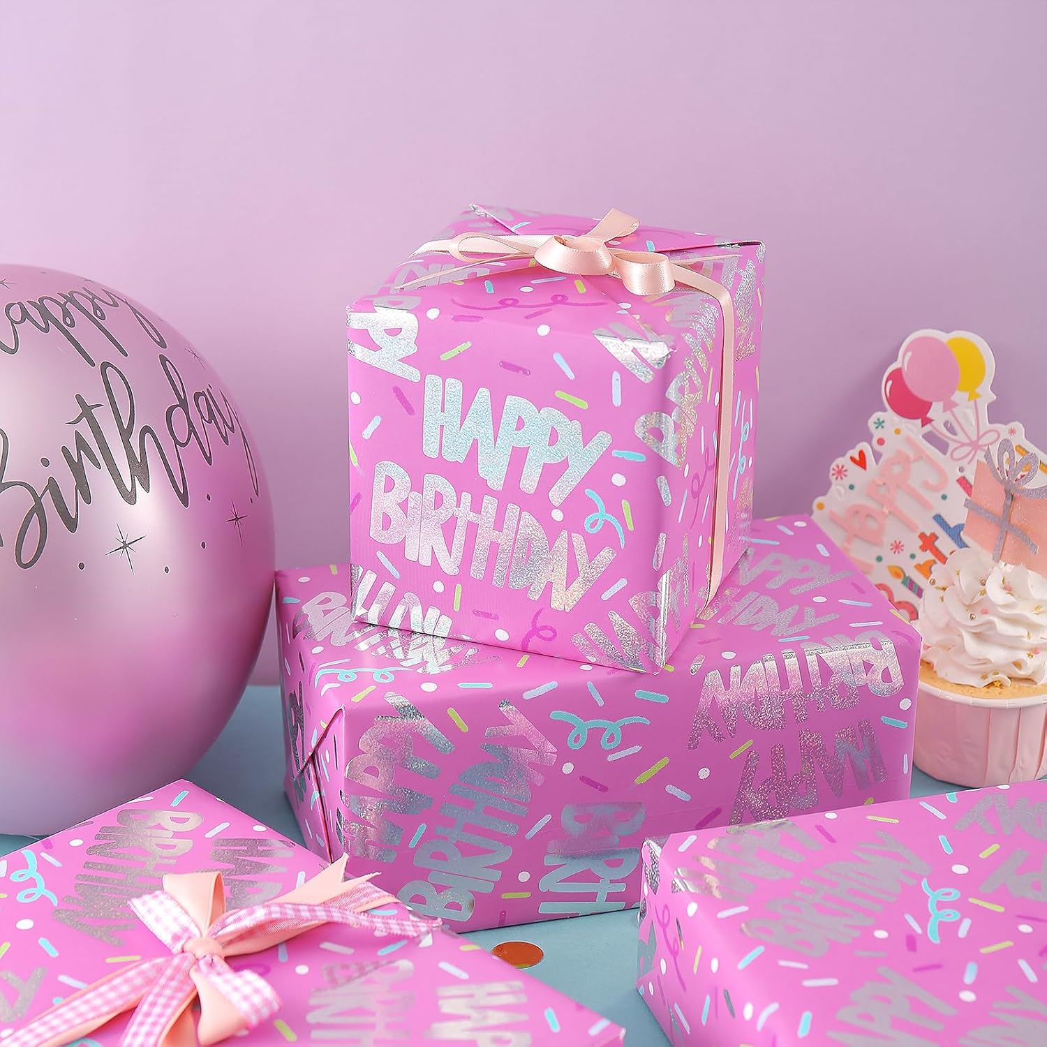 Birthday Wrapping Paper Roll For Girls, Mini Roll, Pink Gift Wrap With Metallic Silver Happy Birthday Text And Confetti Sprinkle Design, Perfect For Princess Party, 17 Inches X 16.4 Feet