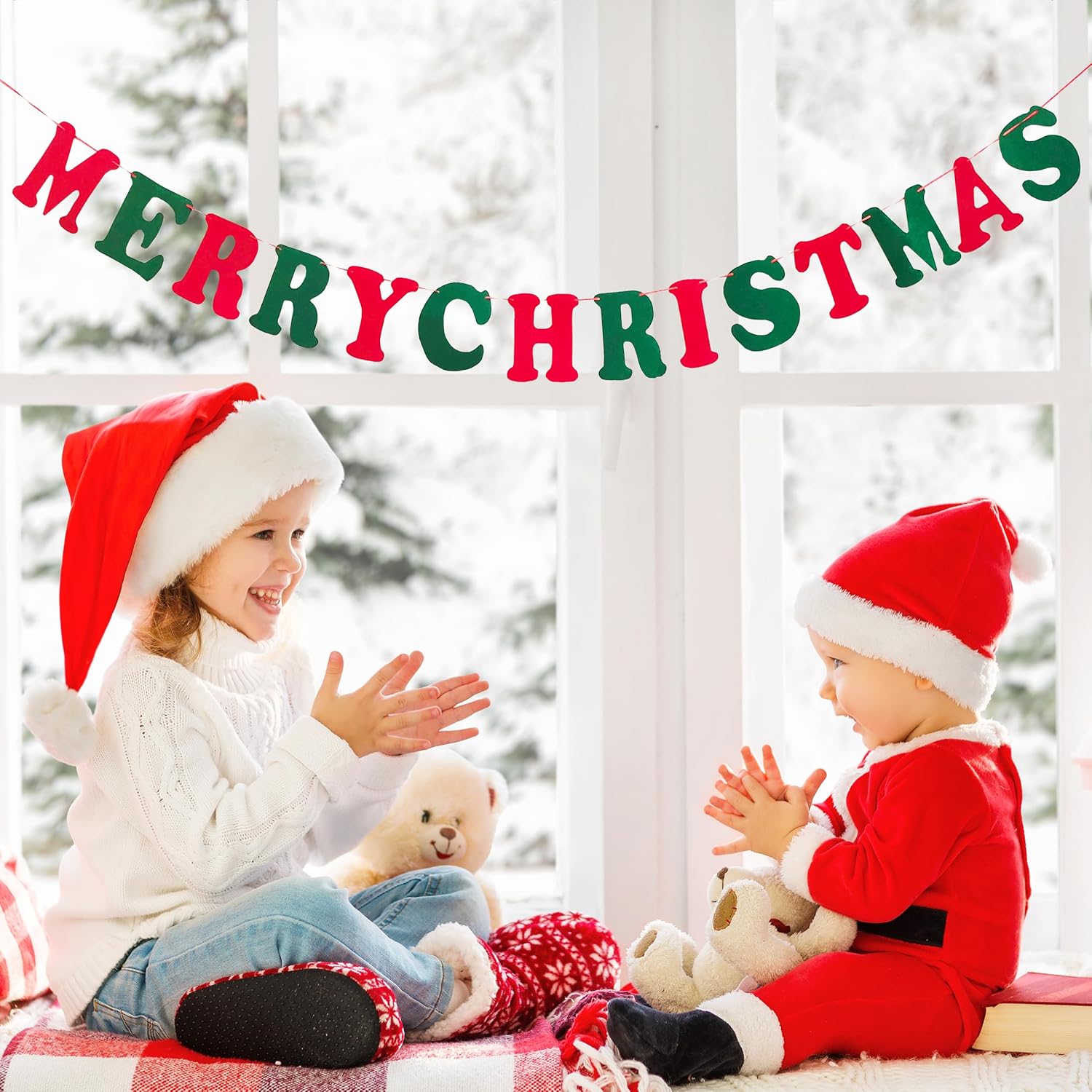 Merry Christmas Banner Red Green Wool Felt Garland Christmas Decorations Indoor Happy Holiday Decorations Cute Hanging Decor For Mantel Fireplace Wall, Kids Bedroom, Living Room,Party Supplies