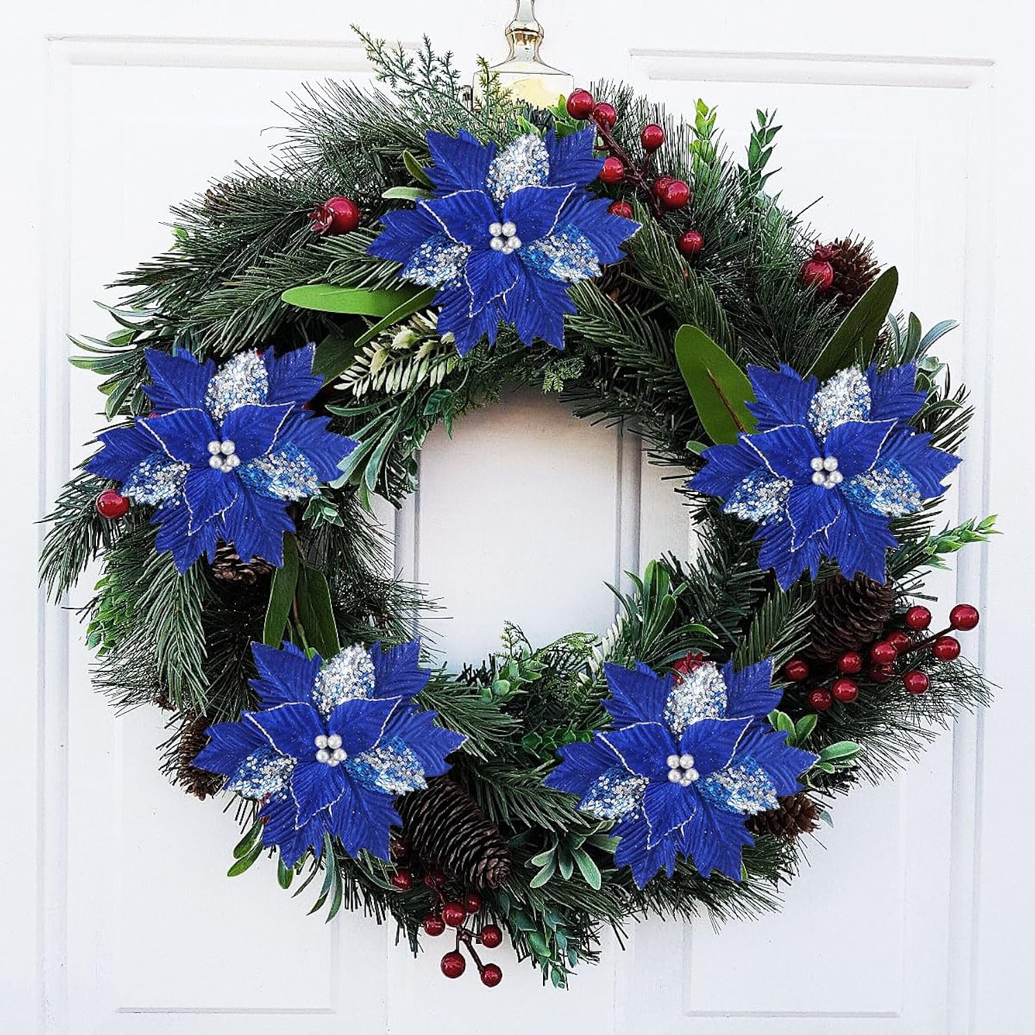 12 Pcs Christmas Poinsettia Flowers Artificial, 10 Inch Christmas Tree Ornaments Royal Blue Velvet Poinsettia, Glitter Faux Flowers With Long Stems For Xmas Tree Wreath Garland Wedding Party Diy Decor