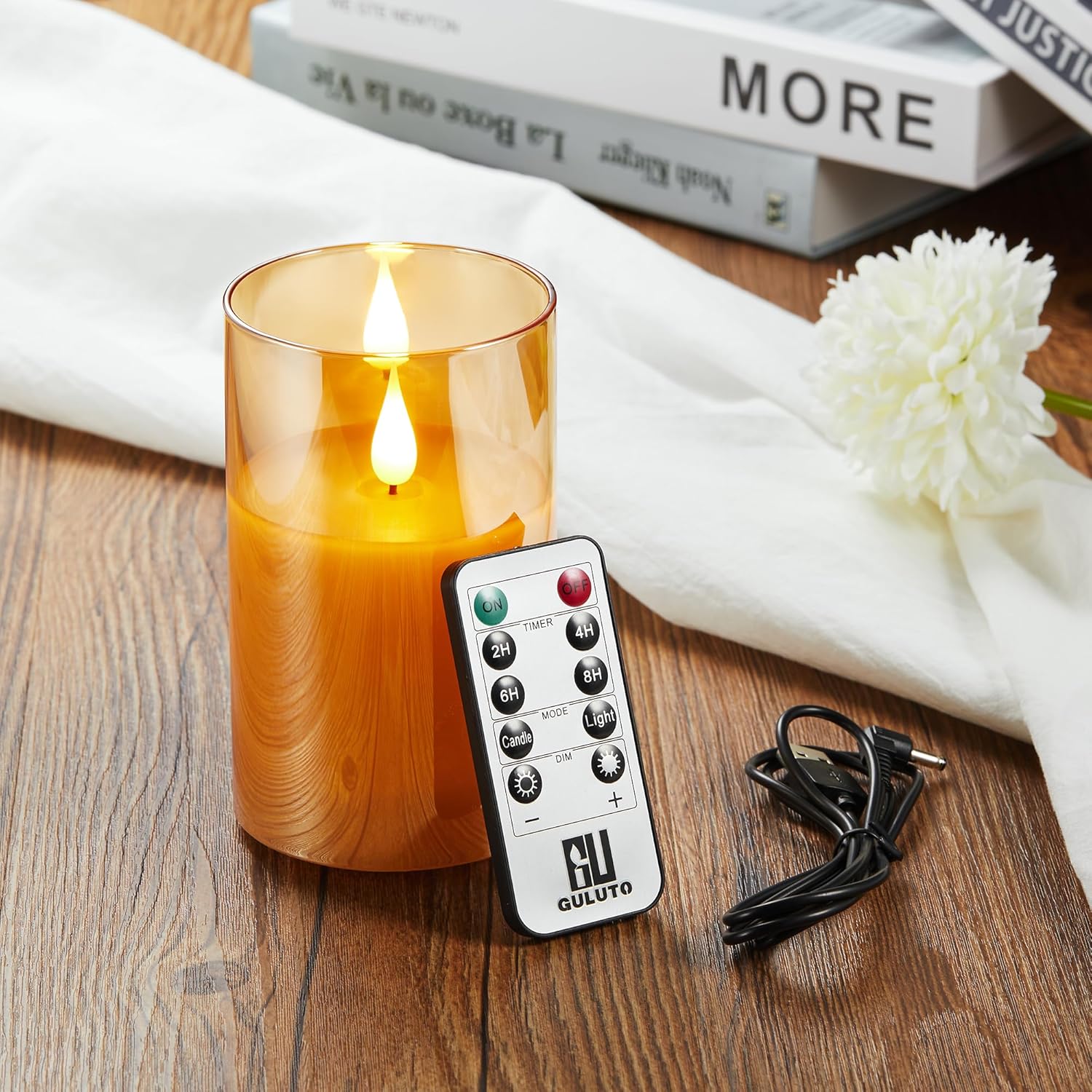 Rechargeable Battery Operated Flickering Flameless Candles With Remote And Timer, Led Candle With 3D Wick Last 1000+ Hours Real Wax Electric Candles Pillar Candle For Home, Gold Glass 3" X 4"
