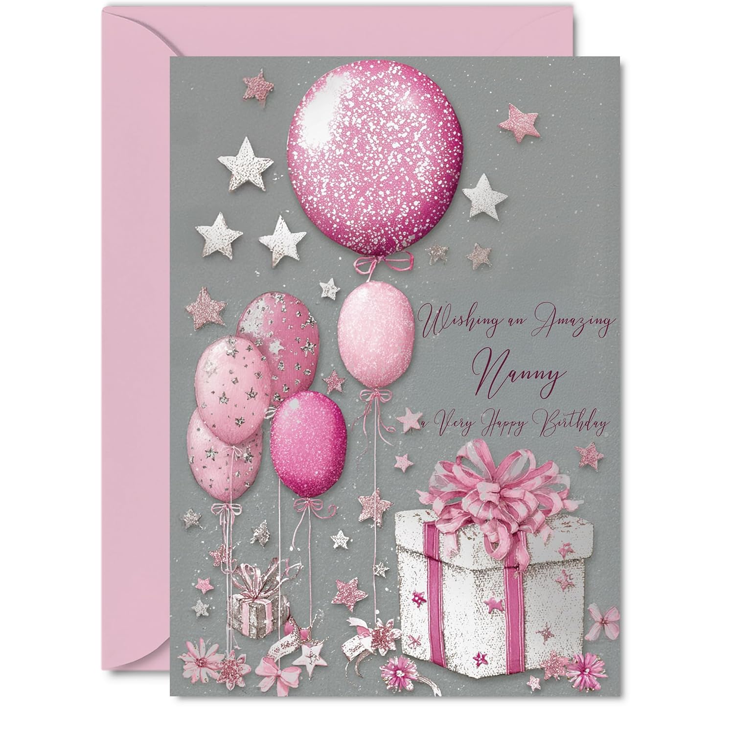 Silver Nanny Birthday Card - Silver And Pink Presents - Happy Birthday Card For Nanny From Grandson Granddaughter, A5 Bright And Joyful Bday Greeting Cards