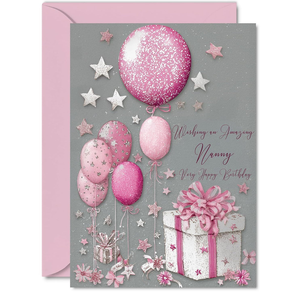 Silver Nanny Birthday Card - Silver And Pink Presents - Happy Birthday Card For Nanny From Grandson Granddaughter, A5 Bright And Joyful Bday Greeting Cards