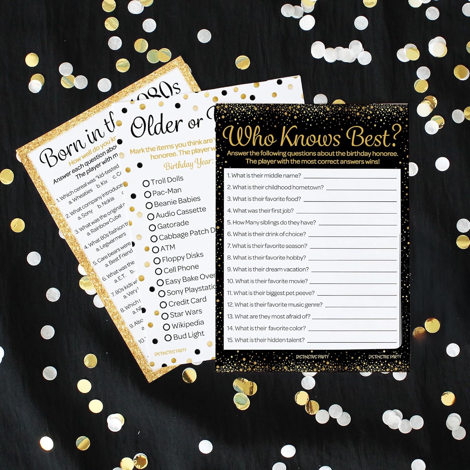 Black And Gold 40Th Birthday Game Bundle - Set Of 3 Birthday Party Games For 20 Guests, Born In The 1980S Theme