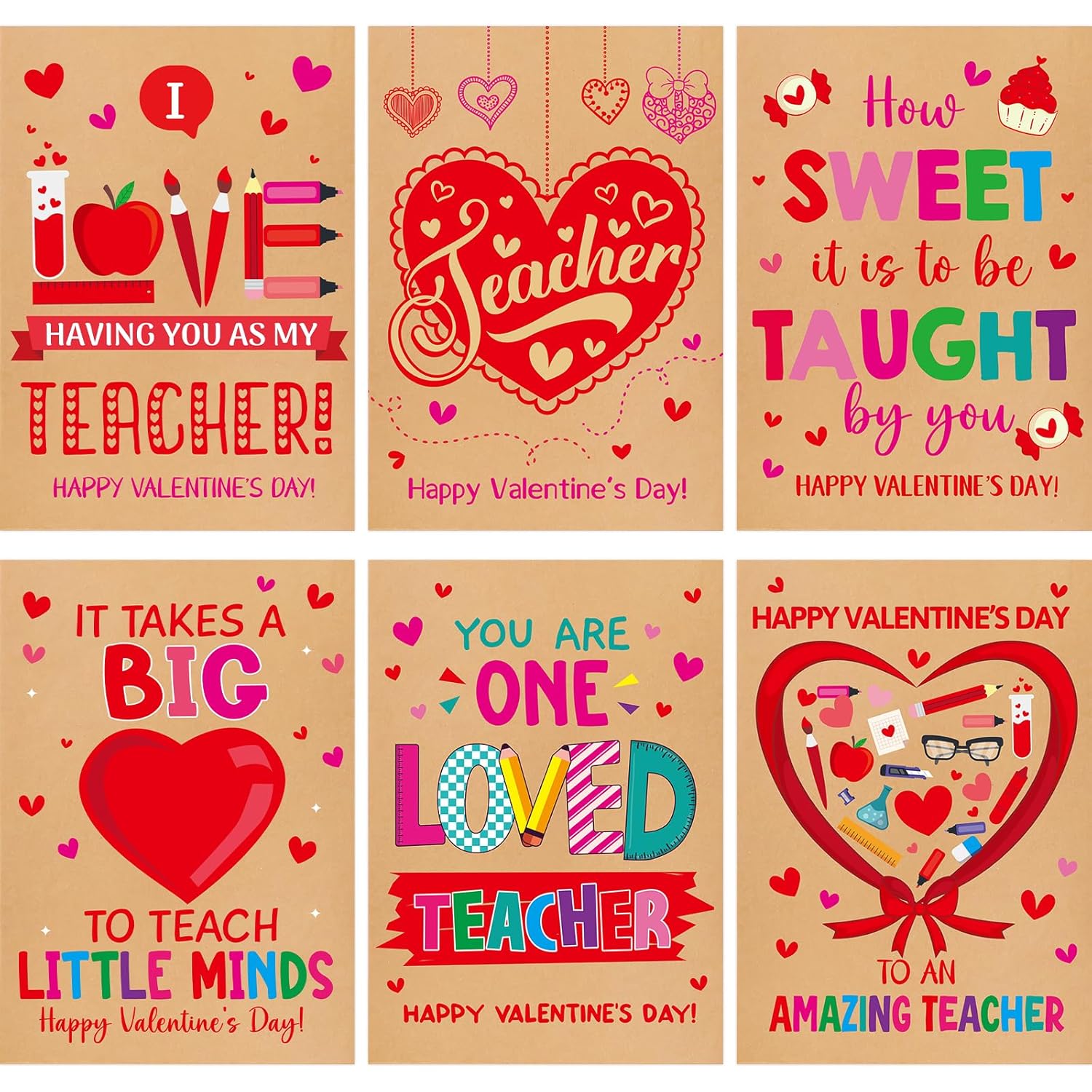 Treasure Cove Valentines Day Cards for Teachers Kraft Happy Valentine's Day Cards with Envelopes for Teachers Appreciation Gift 12Pcs