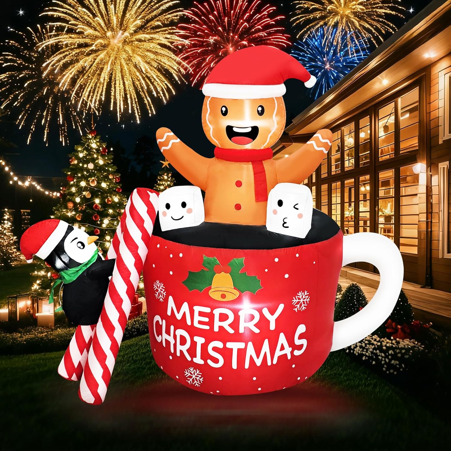 6Ft Christmas Inflatables Outdoor Decorations, Navidad Blow Up Gingerbread Swiming In Hot Cocoa Mug Scene With Penguin B