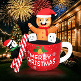 6Ft Christmas Inflatables Outdoor Decorations, Navidad Blow Up Gingerbread Swiming In Hot Cocoa Mug Scene With Penguin B