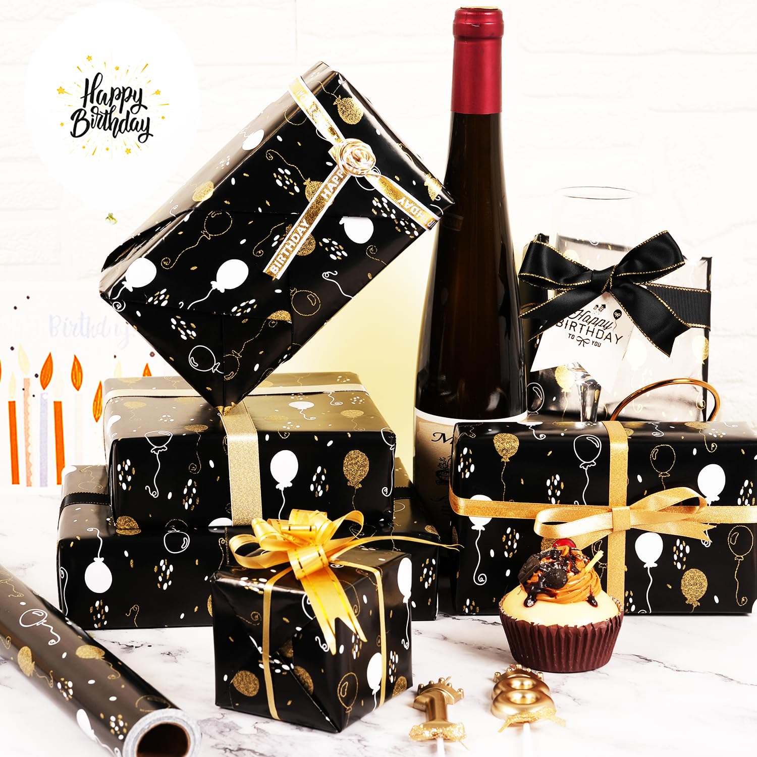 Birthday Wrapping Paper Roll - Matte Black And Gold Foil Gift Wrapping Paper For Women Men Boys Girls, Gold Foil Balloon Design Gift Wrap For Birthday Father’S Day Graduation, 17 Inch X 33 Feet