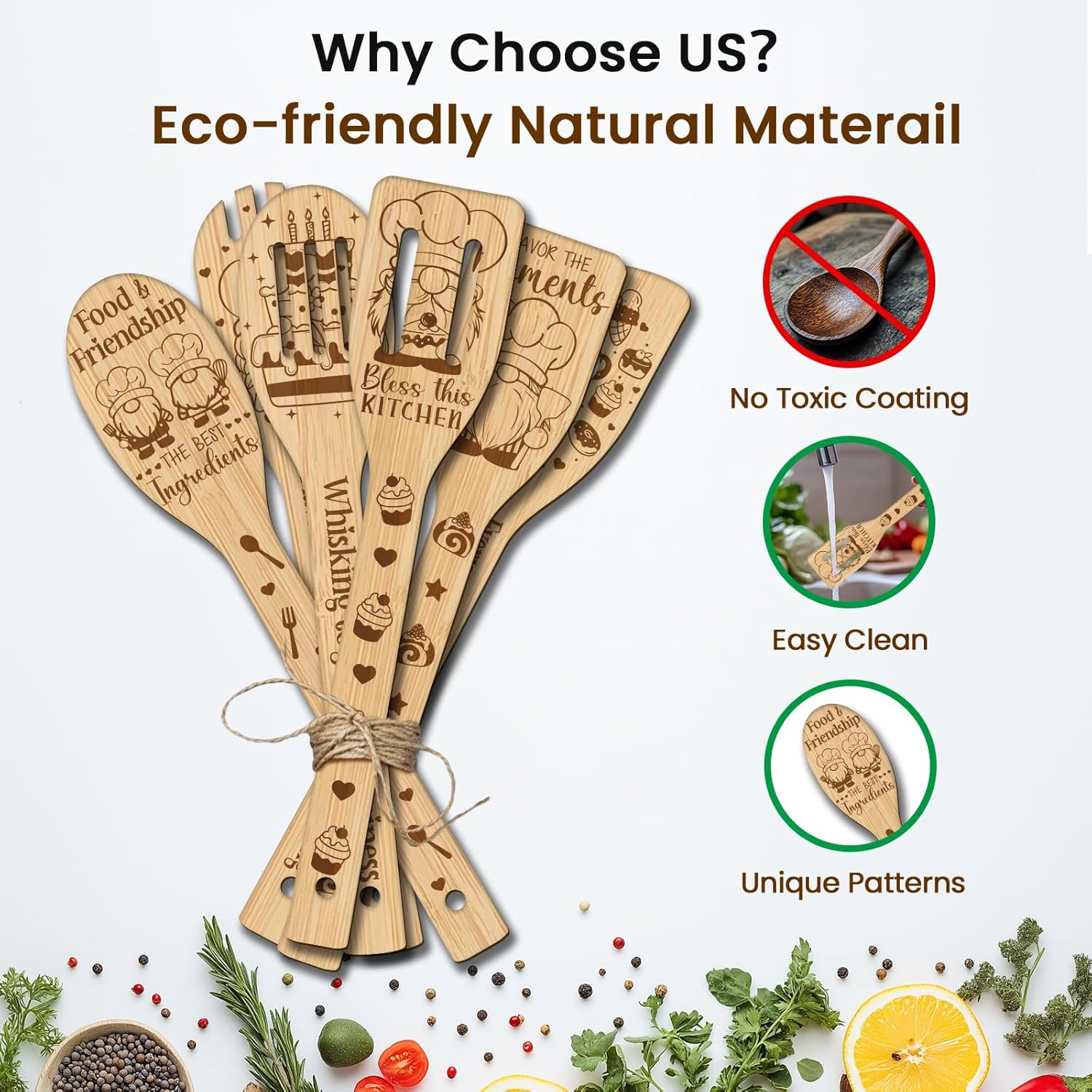 6Pcs Baking Gnome Wooden Kitchen Cooking Utensil Set, 11.9In Non Toxic Bamboo Wood Spoon Set For Cooking, Best Housewarming Birthday Thanksgiving Christmas Gift For Women Mother