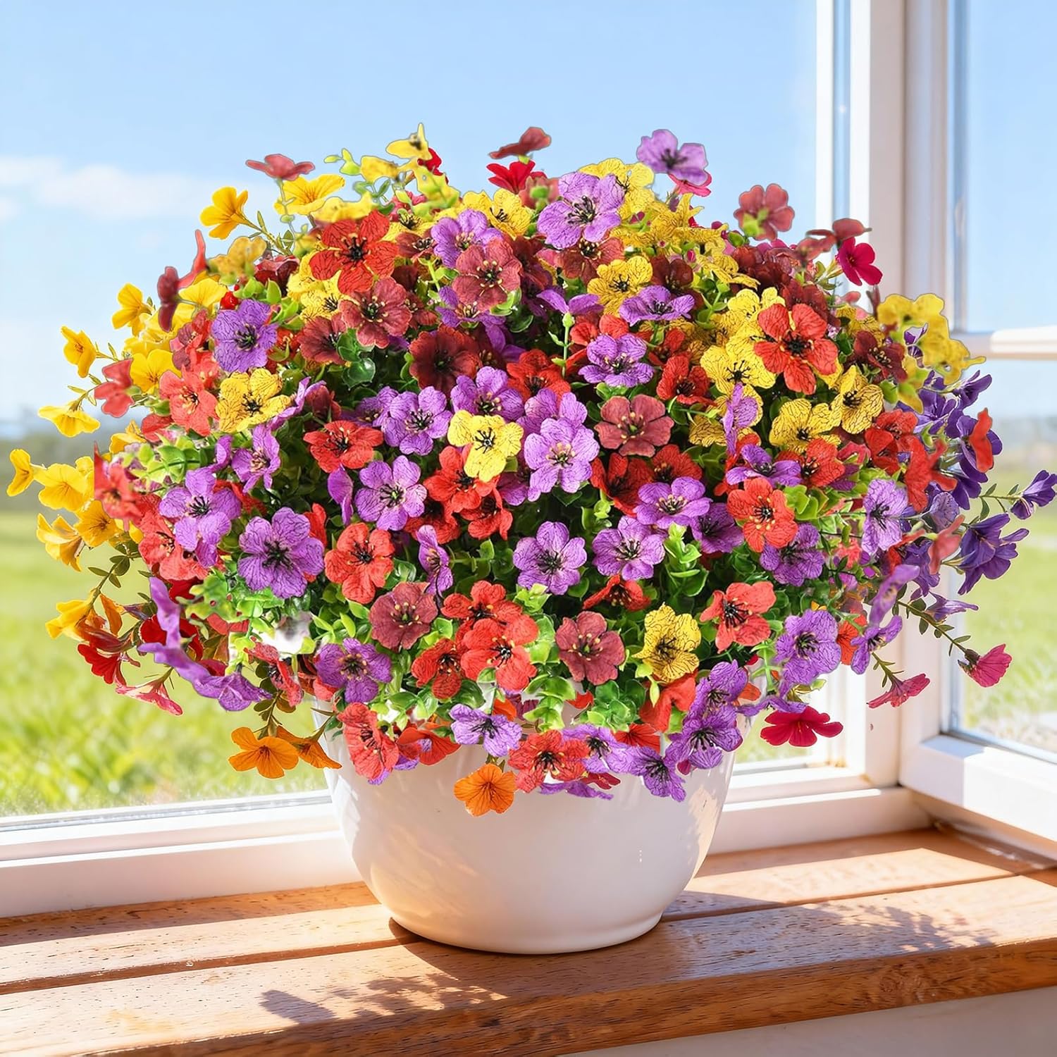 Artificial Flowers For Outdoors, 12 Bundles Fake Daisy Flowers Spring Decor, Uv Resistant Faux Flower Daisy With Eucalyptus For Garden Porch Planter Box (Mix Pink Red Purple Yellow)