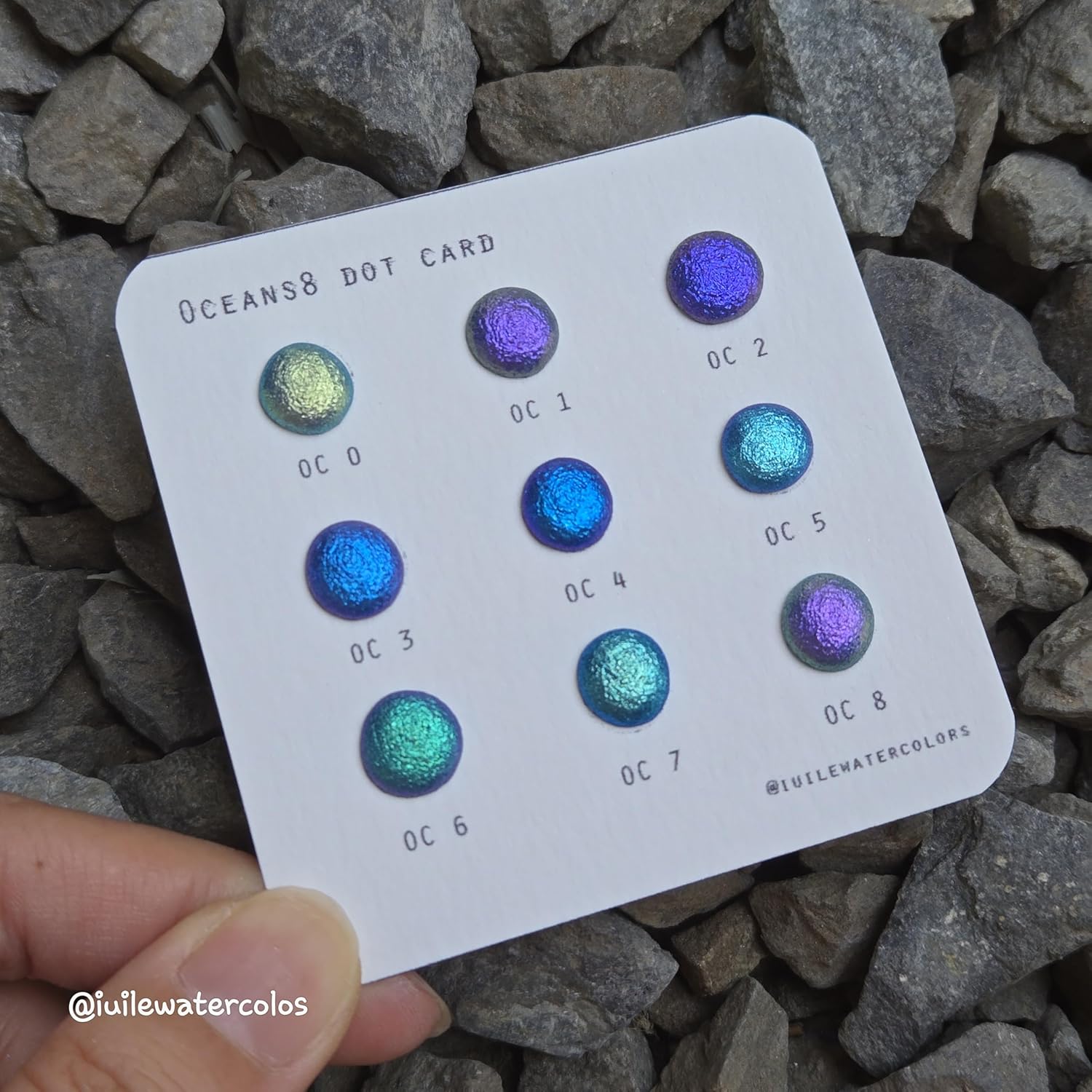 Handmade Watercolor Paints - Oceans 8 Dot Card (9 Colors). Color Shift, Metallic, Shiny, Shimmer