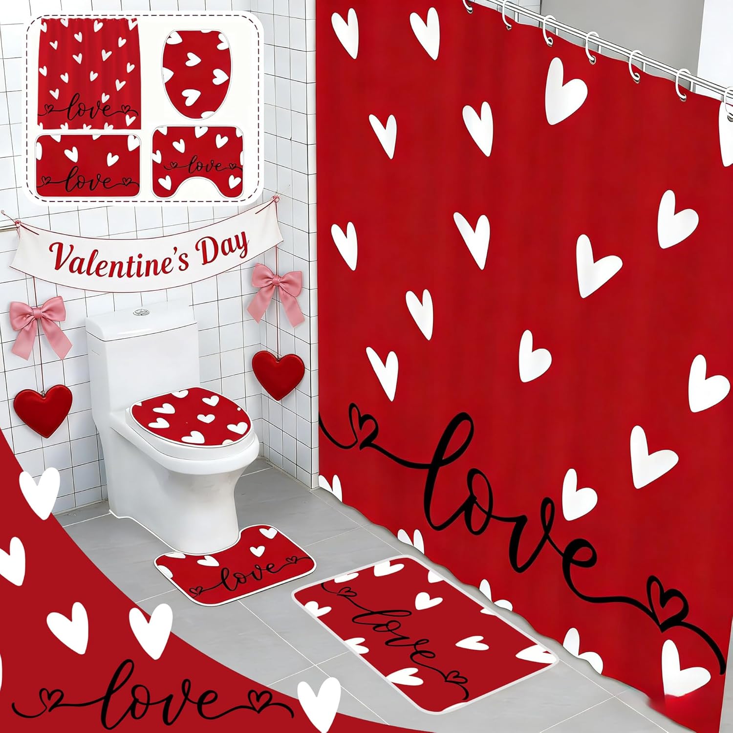 Valentines Day Shower Curtain Set For Bathroom, Red Love Heart Shape Red Bathroom Supplies For Valentines Accessories Decor Set, Non Slip Rugs Toilet Lid Cover U Shape Bath Mat And 12 Hooks