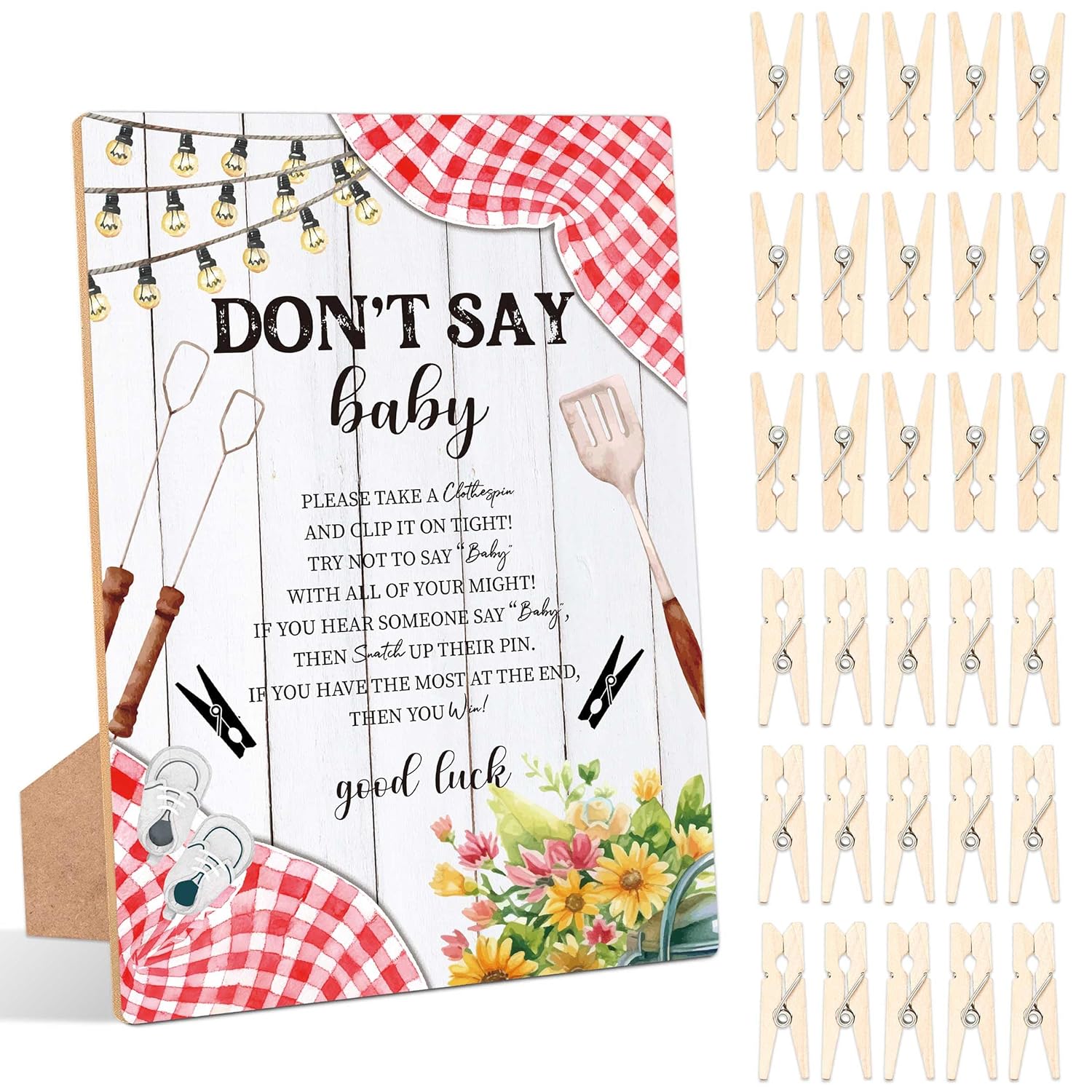 Bbq Don'T Say Baby Clothespin Game, Pack Of 1 Wooden Tabletop Sign With Stand And 50 Mini Natural Clothespins, Backyard Baby Shower Game, Gender Reveal Party Decorations - Qx13