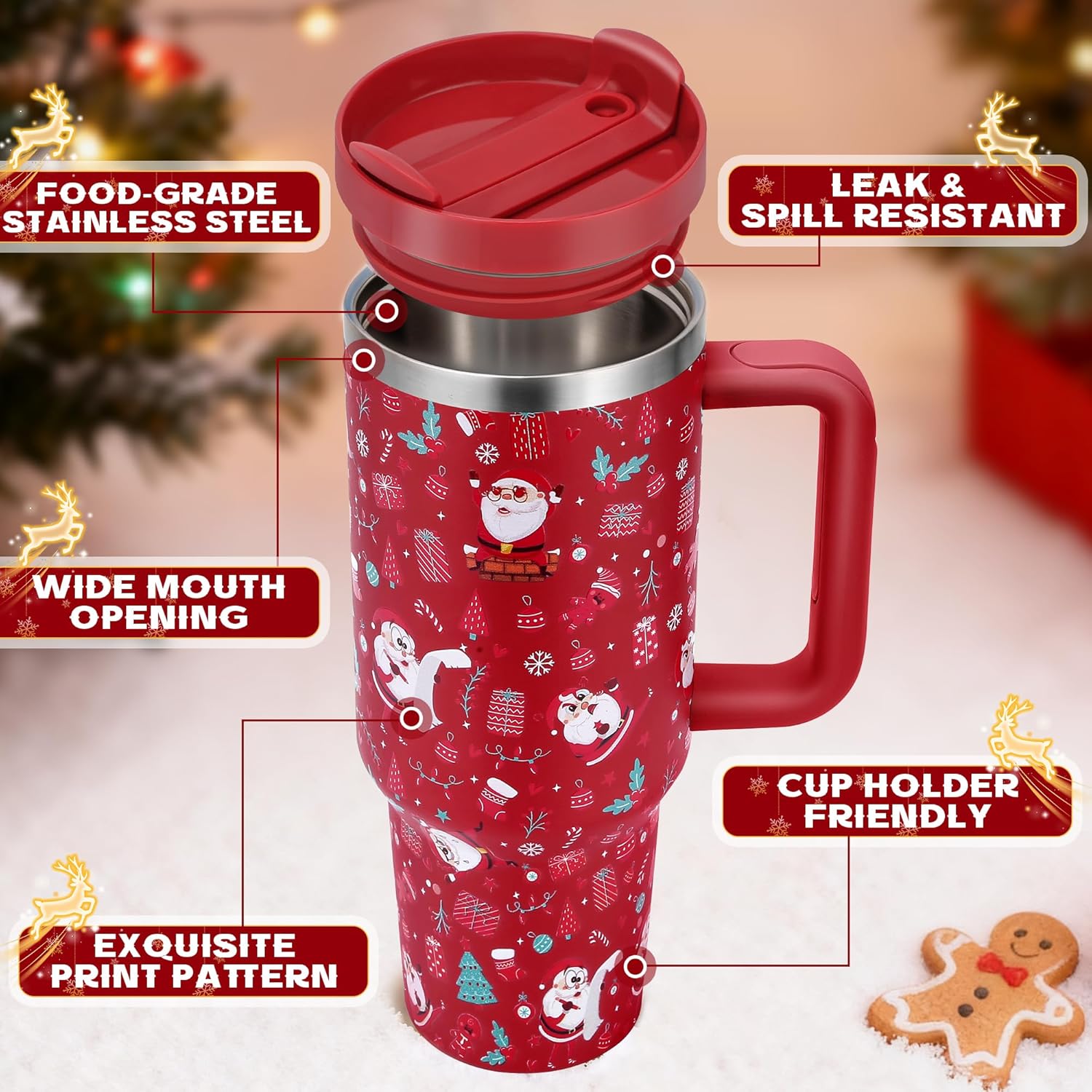 Christmas Tumblers Gifts For Women Girls, 40 Oz Christmas Tumbler With Handle And Straw Lid, Triple Walled Stainless Steel Insulated Travel Mug Cup, Keep Cold For 34 Hours (Red Funny Santa)