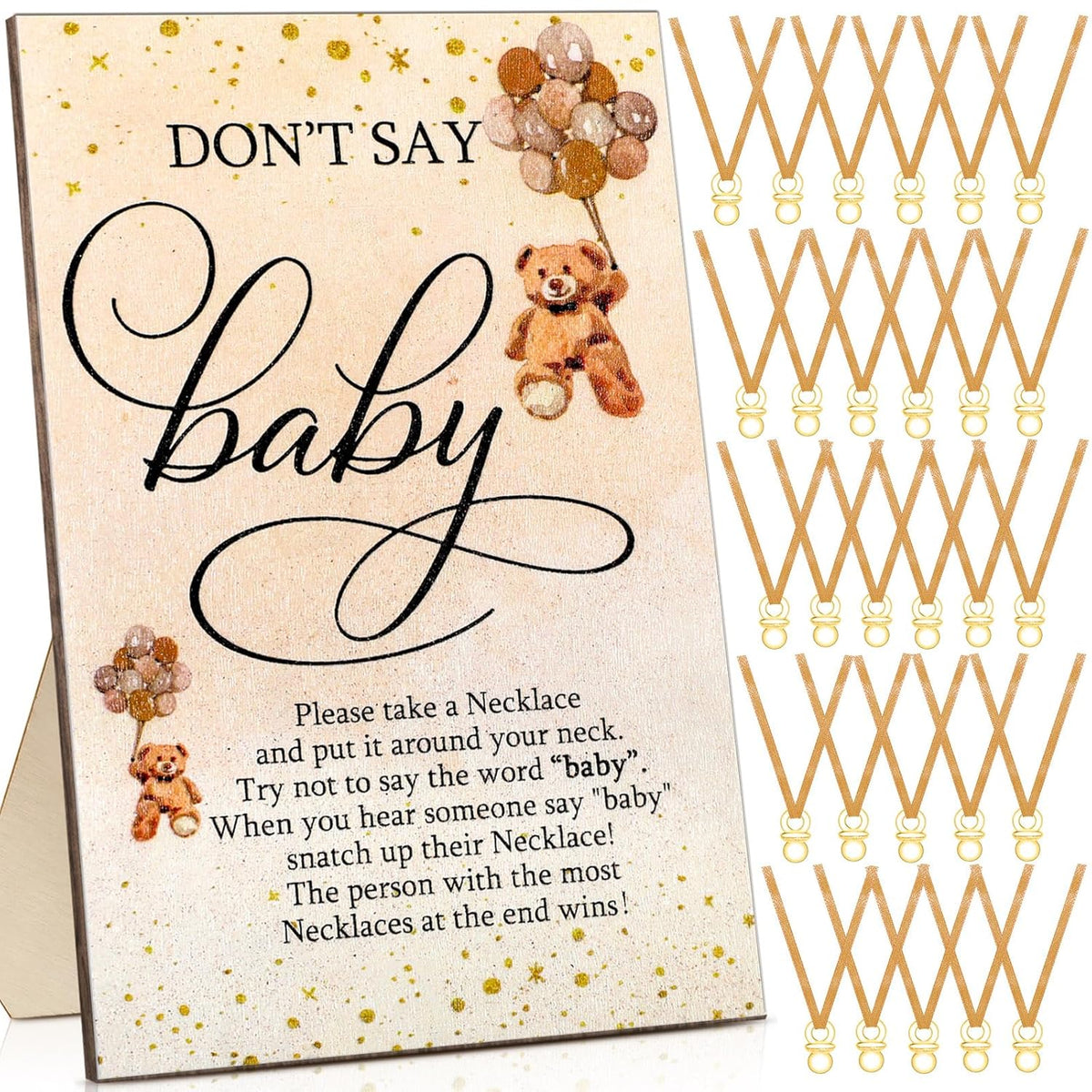 51 Pcs Cool Baby Shower Game Wooden Bear Sign Gift Sets 50 Baby Shower Pacifiers Necklace Acrylic Pacifier For Gender Reveal Party Favor(Brown)