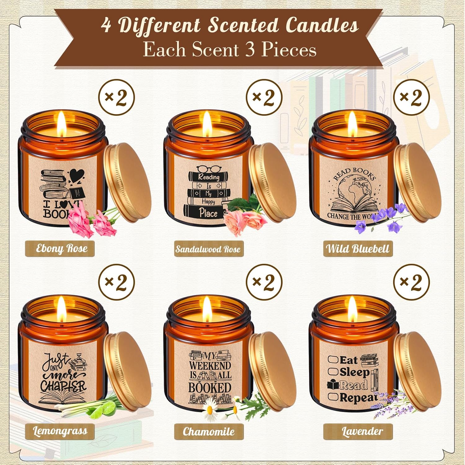 12 Pcs 3.5 Oz Book Candles Book Lover Gift Bulk Club Scented Soy Candles Library Lovers' Day Gifts Rustic Bookshelf Sign Soy Wax Jar Birthday Gifts For Women Men Reader Bookworm Librarian