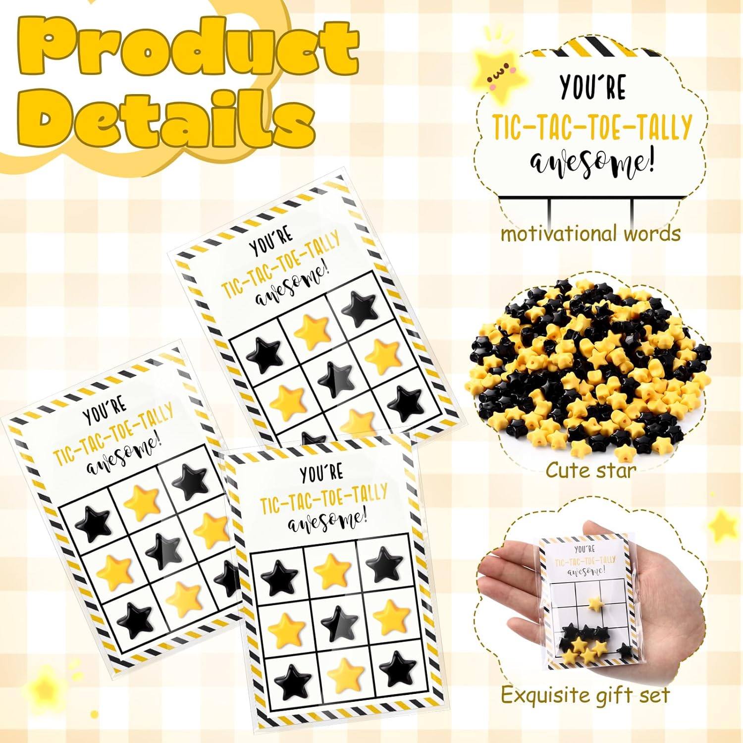 30 Sets Tic Tac Toe Board Inspirational Cards With Mini Star Bulk Gifts For Activities Party Favors(You'Re Tic Tac Tally Awesome,Black And Yellow)