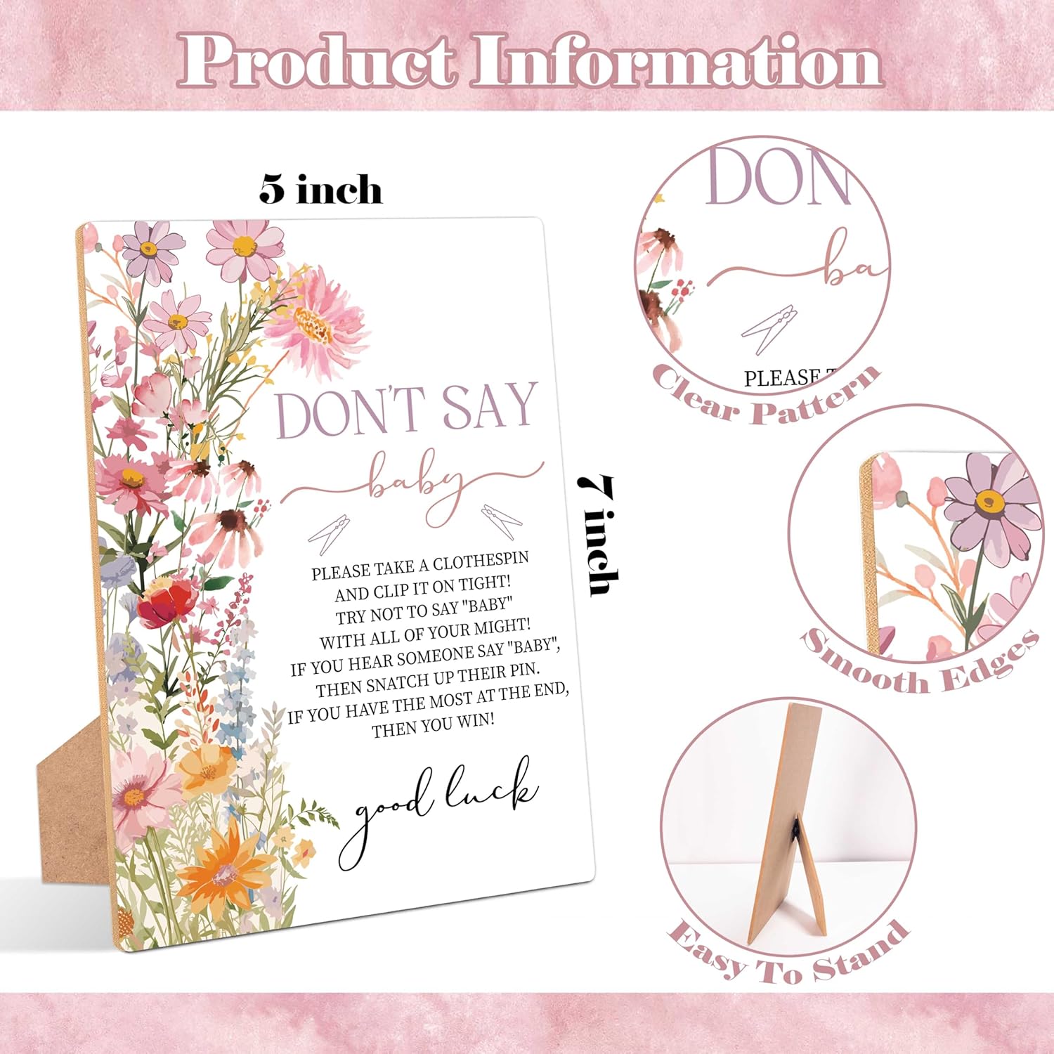 Wildflower Don'T Say Baby Clothespin Game, Pack Of 1 Wooden Tabletop Sign With Stand And 50 Mini Natural Clothespins, Floral Baby Shower Game, Gender Reveal Party Decorations - Qx17