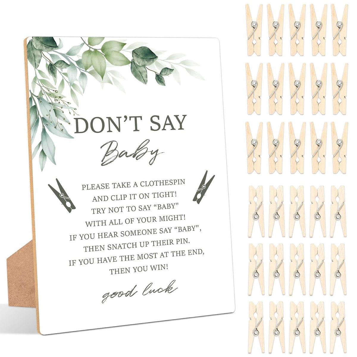 Greenery Don'T Say Baby Clothespin Game, Pack Of 1 Wooden Tabletop Sign With Stand And 50 Mini Natural Clothespins, Green Baby Shower Game, Gender Reveal Party Decorations - Qx10