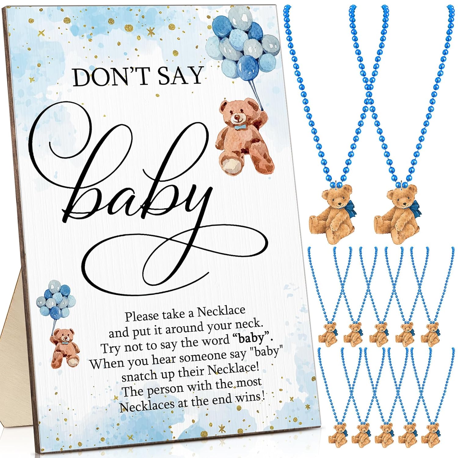 51 Pcs Don'T Say Baby Shower Game Wooden Bear Sign Table Decor Gift Sets 50 Bear Necklaces For Baby Shower Gender Reveal Games Party Favor(Blue)