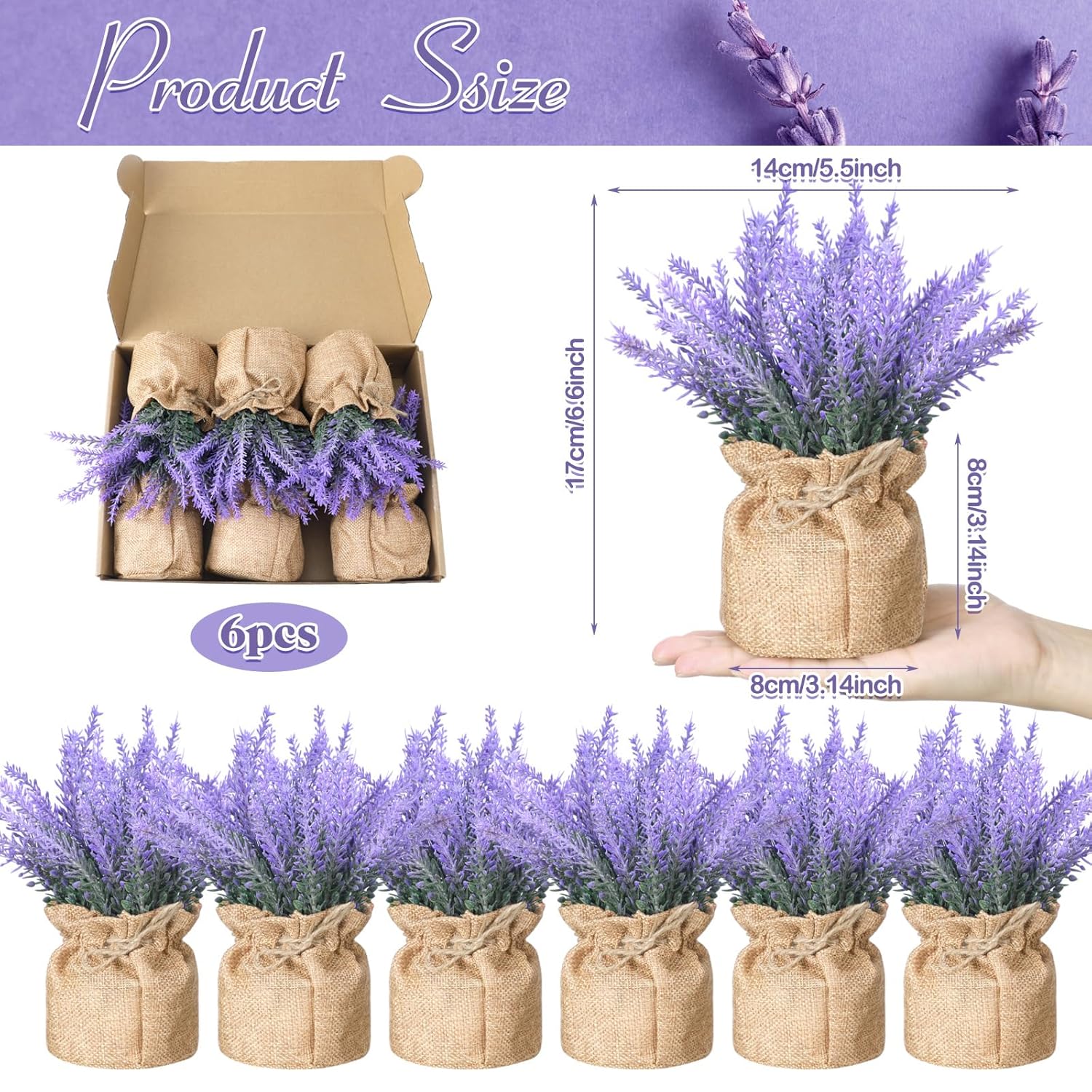 6 Pack Fake Lavender Plant Small Artificial Lavender Flowers Decor Burlap Bag Rustic Plant Potted For Kitchen Farmhouse Home Bedroom Wedding Table Country Indoor Decor