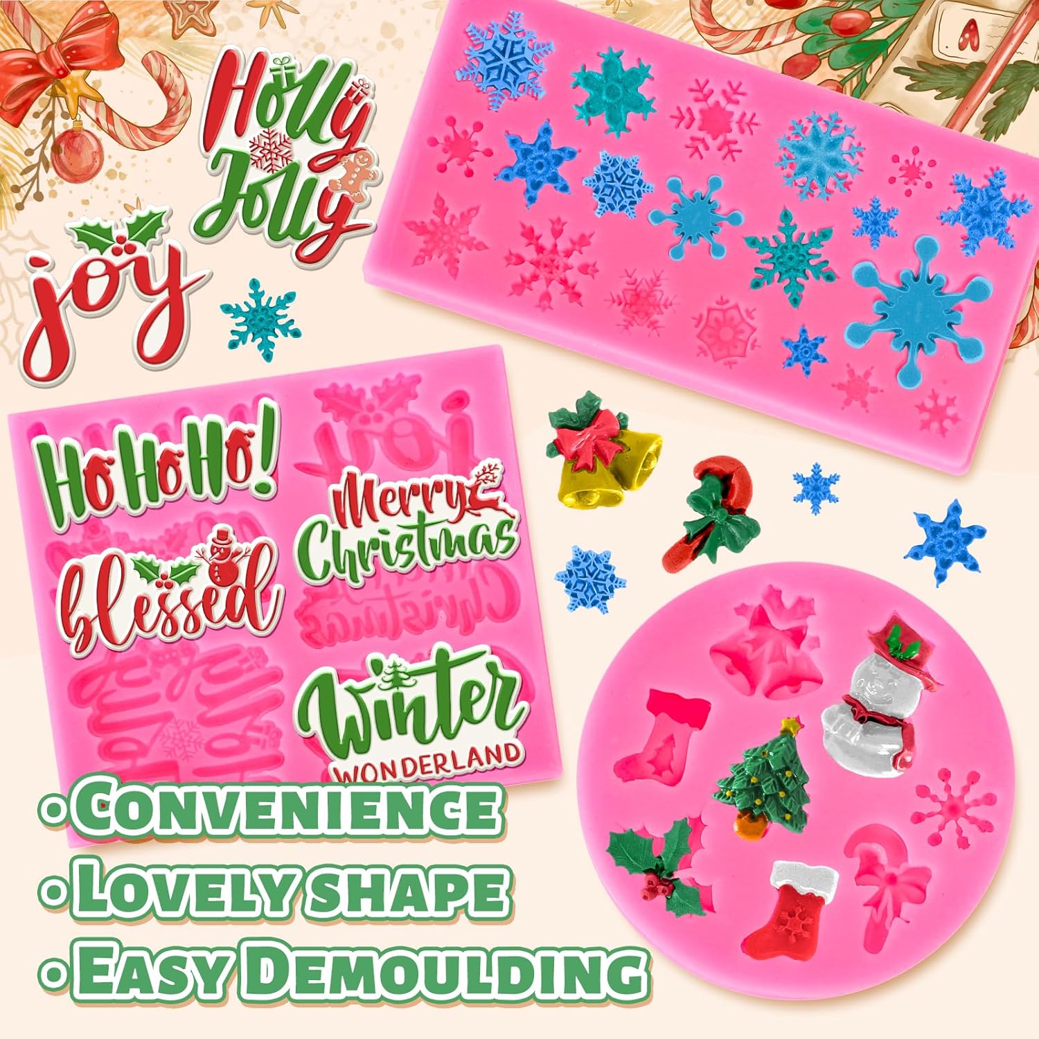 3Pcs Merry Christmas Fondant Mold Pink Assorted Snowflake Silicone Mold Blessed Words Joy Holly Jolly Chocolate Candy Mould For Xmas Winter Party Cupcake Sugar Craft Gum Resin Clay
