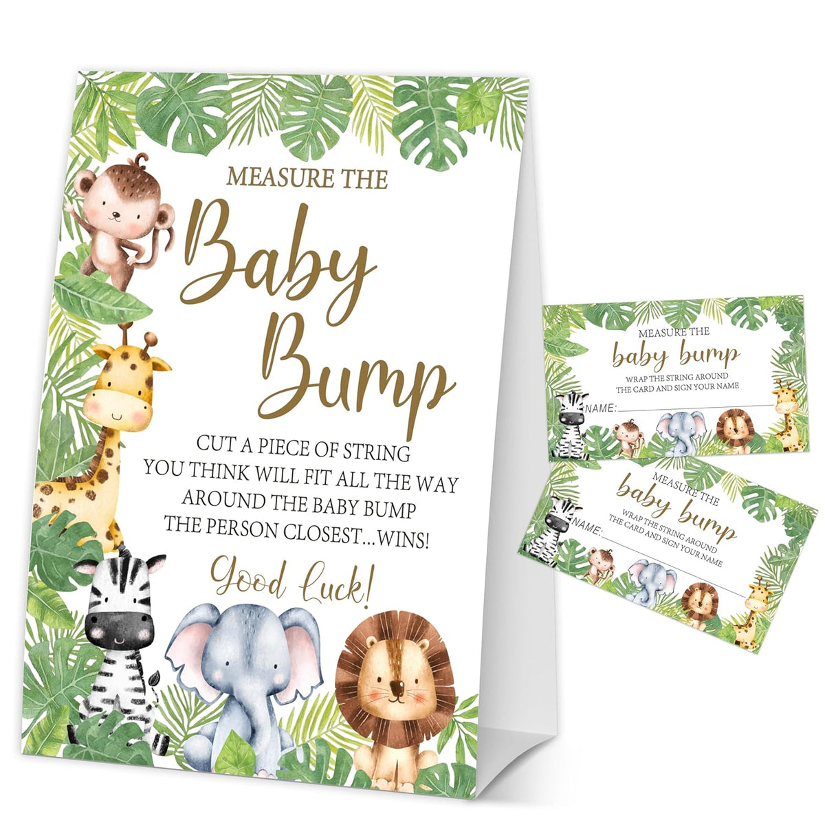 How Big Is Mommys Belly Game, Measure The Baby Bump, Safari Jungle Animals Baby Shower Party Game & Decorations, 1 Sign & 50 Guess Cards