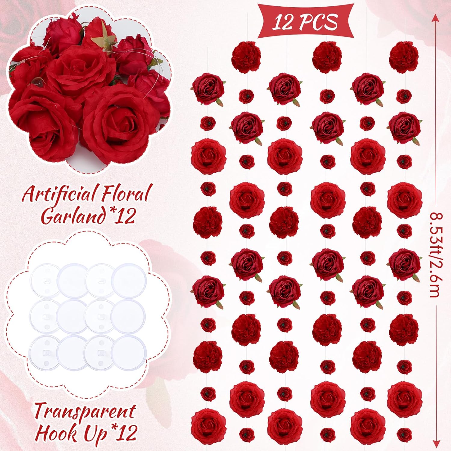 12 Pcs Valentine'S Day Artificial Flower Garlands 6.6 Ft Hanging Rose Decorations With Hooks Wildflower Backdrop Fake Floral Garlands Faux Silk Flower For Wedding Birthday Party(Red)