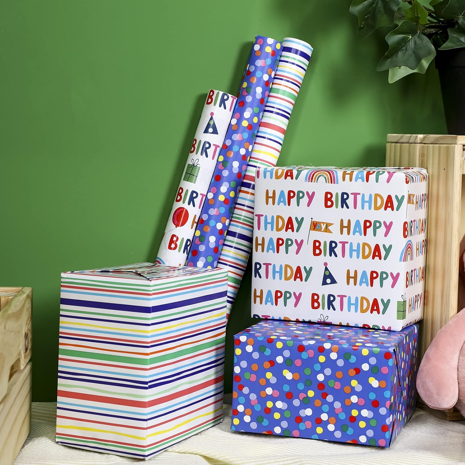 Birthday Wrapping Paper Roll - Mini Roll - 17 Inch X 120 Inch Per Roll - Polka Dots, Stripes Patterns (42.3 Sq.Ft.Ttl)