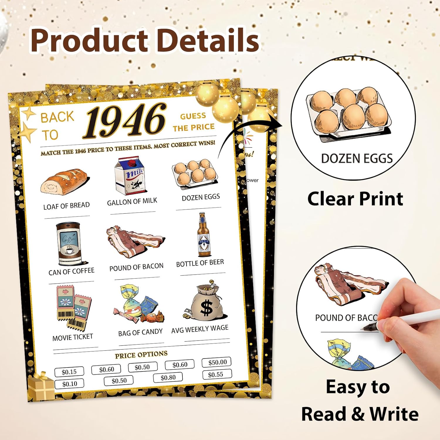 80Th Birthday Party Games, 1946 Quiz & Guess The Price Game Cards, Black Gold 80Th Birthday Party Supplies For Men Women, Pack Of 30 Cards