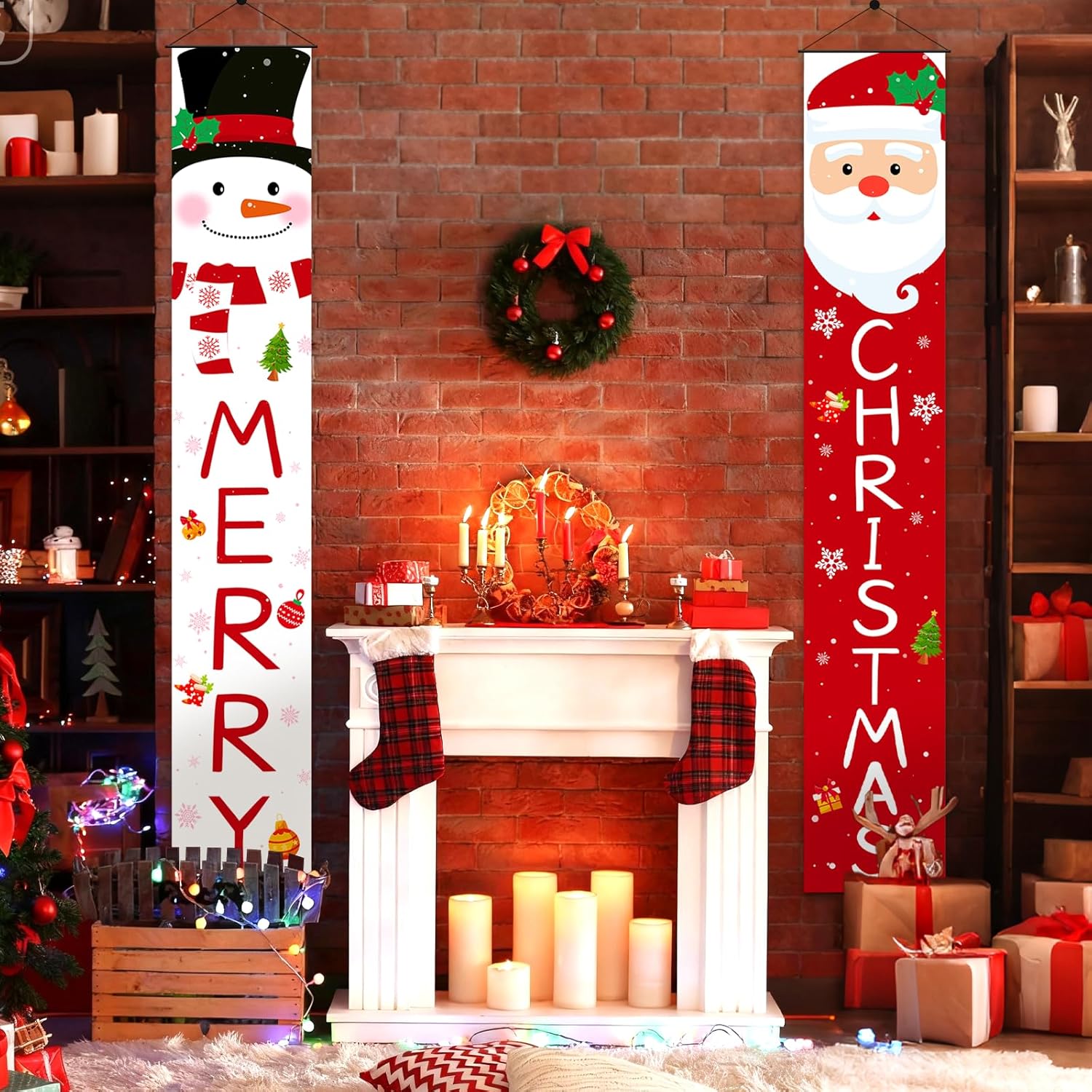 Christmas Outdoor Yard Banner | 2Pc Red White Santa Snowman Hanging Banner | Front Porch, Home, Indoor Outdoor, Garage Door, 71X13 Inches