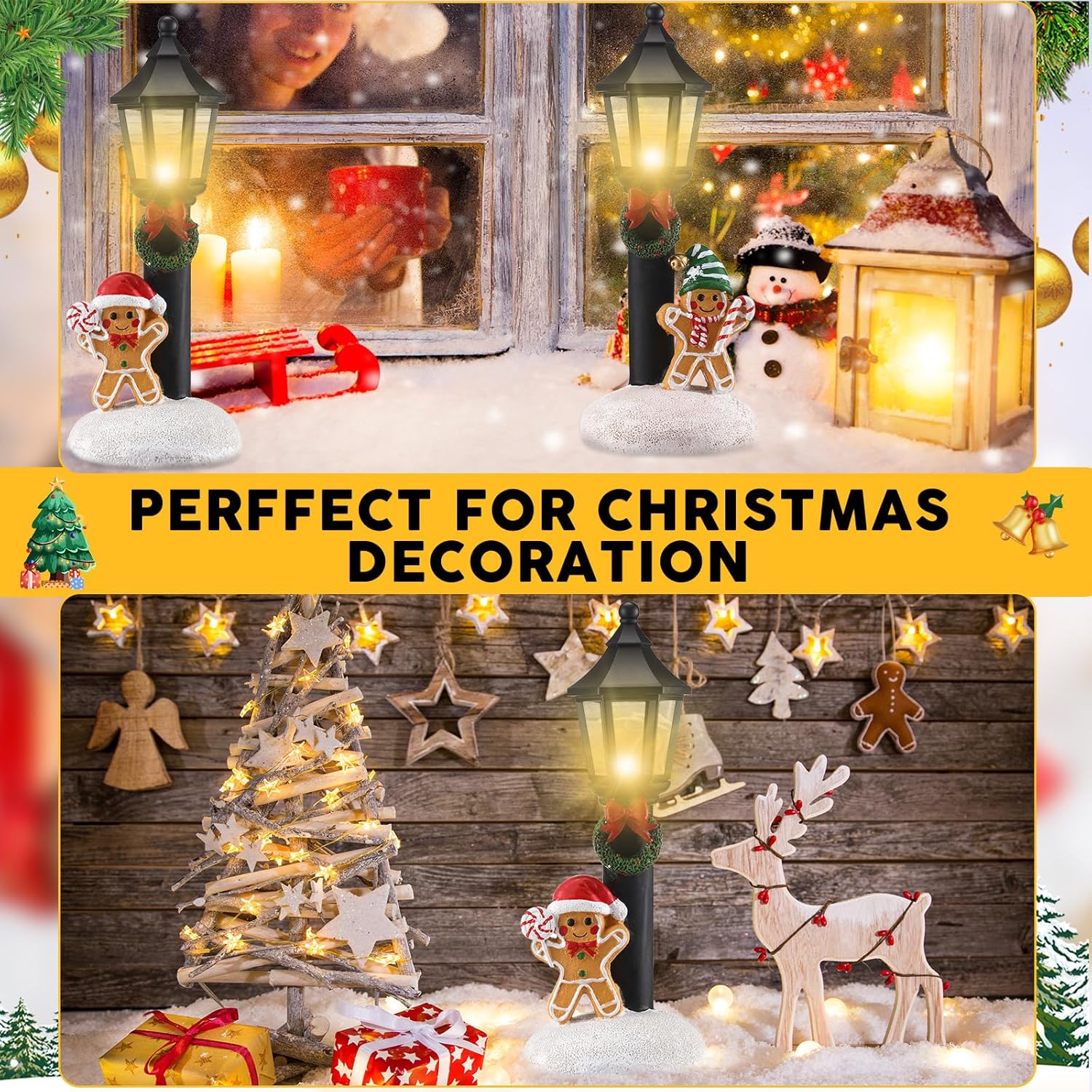 2 Pcs Christmas Lighted Table Decor 10" Resin Figurine Table Centerpiece With Light Up Streetlights Battery Operated Xmas Mini Street Statue Glow For Home Fireplace Shelf(Black Streetlight)