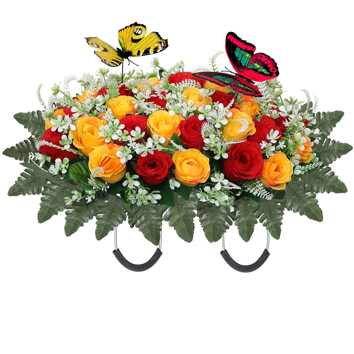 Artificial Cemetery Flowers For Grave,Large Headstone Flower Saddle Realistic Grave Flowers Memorial Silk Rose Flowers With Butterflies For Headstone Grave Decoration Non-Fading Easy Fit (Red Yellow)
