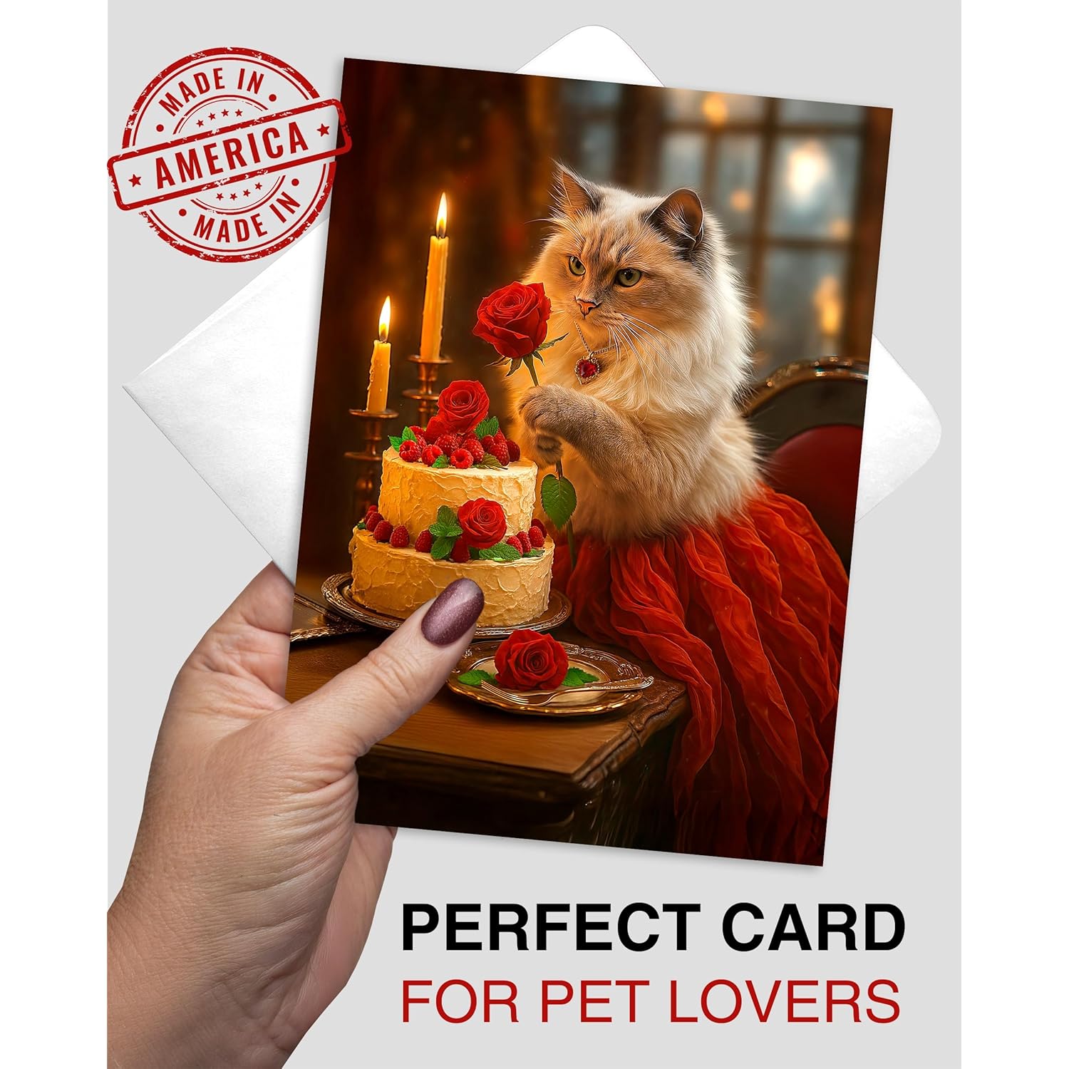 Ragdoll Cat With Cake And Red Rose Greeting Card – Blank Inside – Valentine’S Day, Birthday, Anniversary, Or Thinking Of You Card – Red Rose Collection By – 5X7 In, White Envelope, Made In Usa