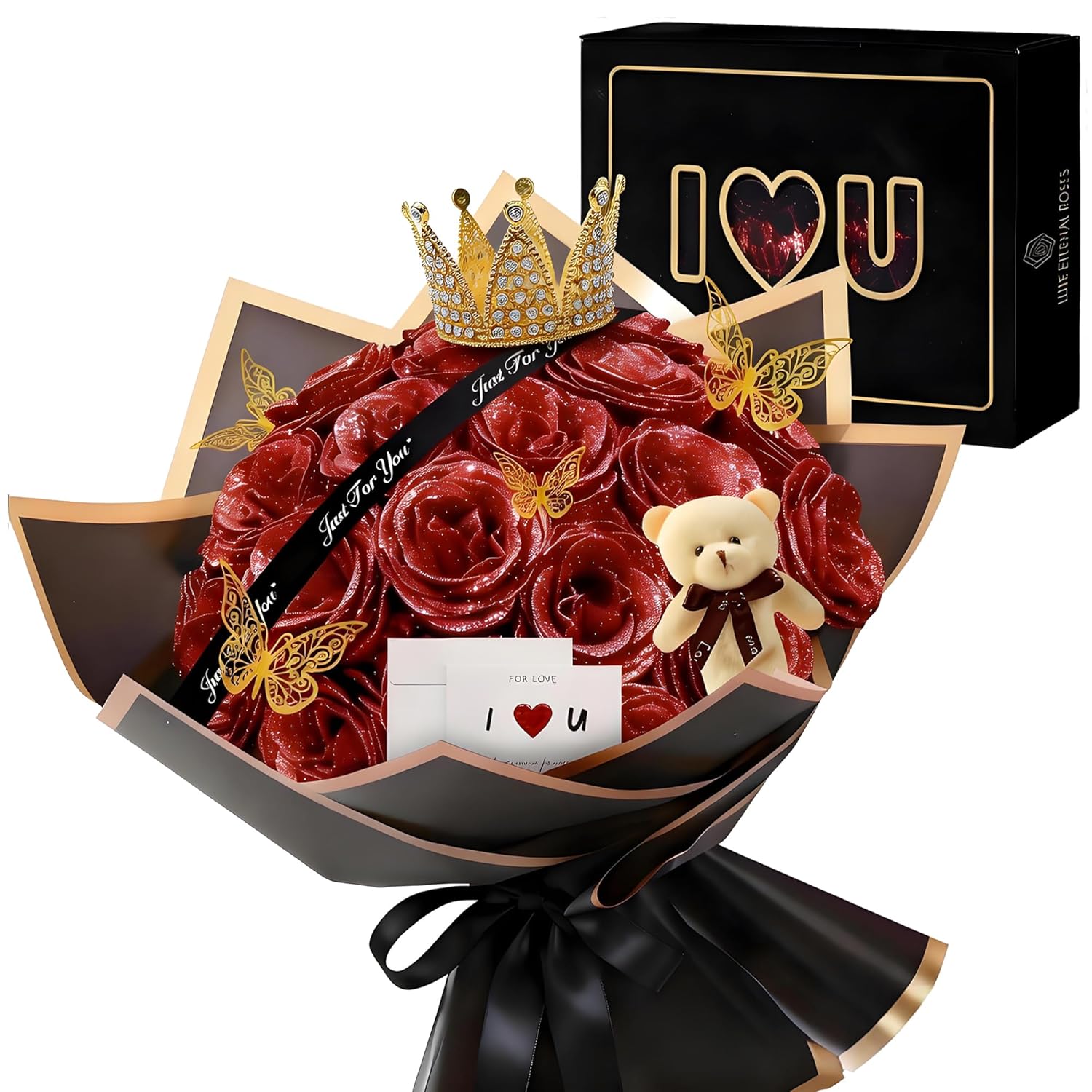 Red Glitter Flower Bouquet, 12 Pcs Diy Artificial Glitter Rose Bouquet With Bear & Butterfly, Eternal Flowers Gifts For Her, Girlfriend, Valentines, Birthday, Anniversary, Photo Props