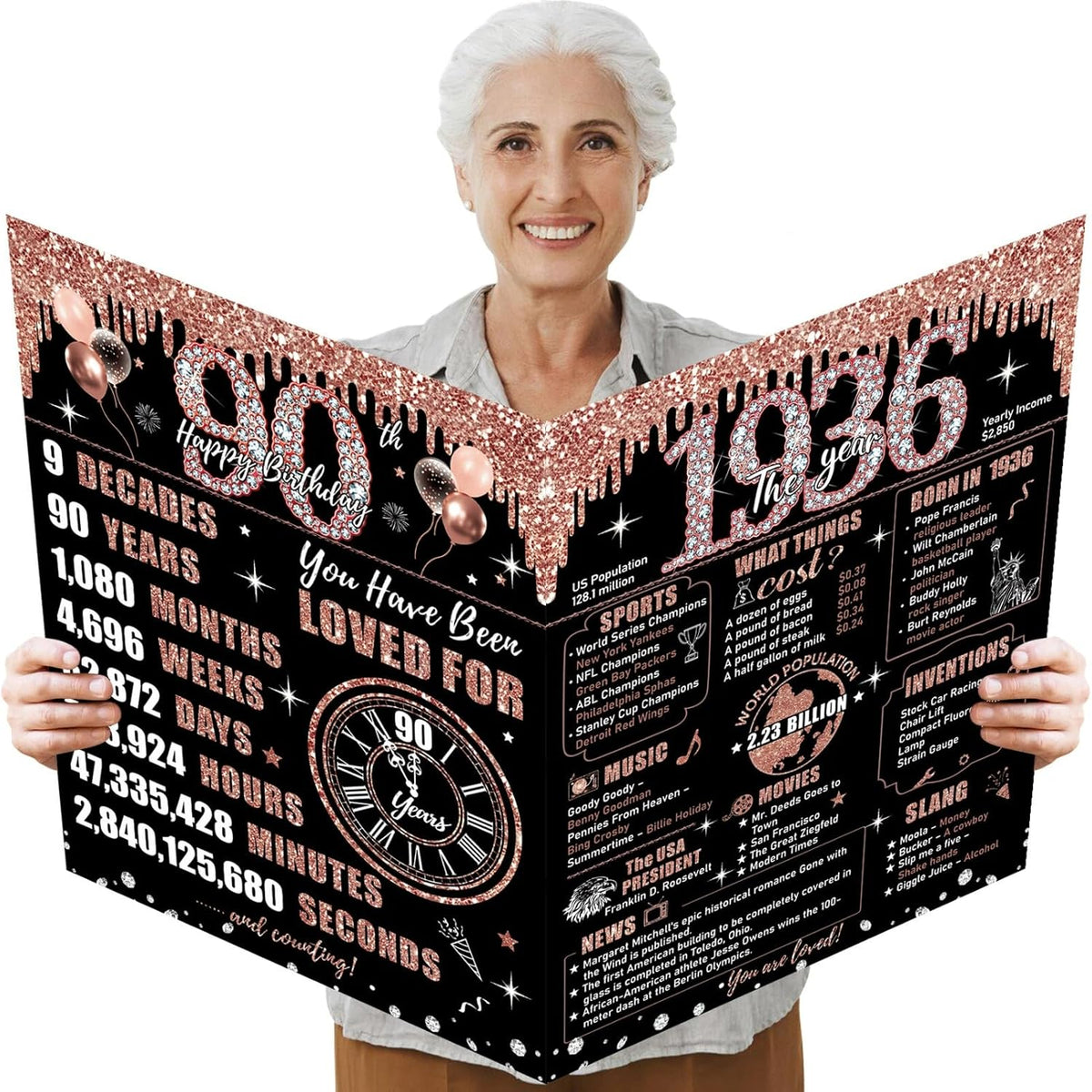 Large 90Th Birthday Card For Women With Envelope, Black Rose Gold Happy 90Th Birthday Guest Book Gifts Jumbo Ninety Greeting Card Back In 1936 Decorations Party Supplies