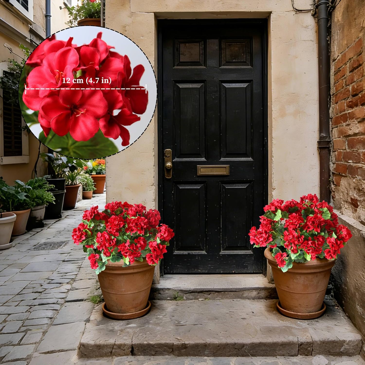 4Pcs Realistic Outdoor Artificial Fake Geraniums Silk Flowers Plants, Uv Resistant, No Fade, Look Real Outside Faux Plastic Greenery Red Flowers For Garden Porch Patio Window Box Hanging Planter