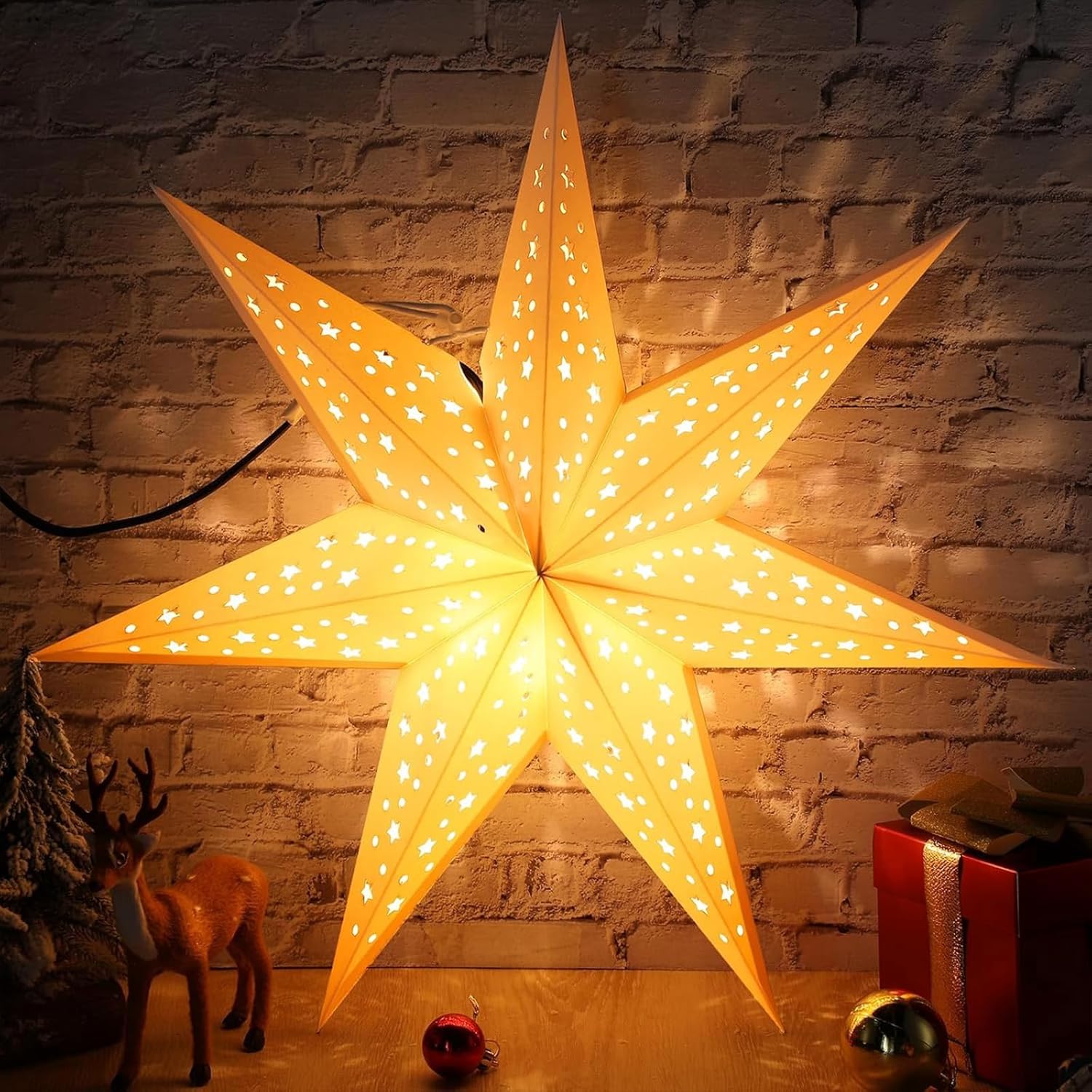 2 Pack 20 Inch Paper Star Lanterns, Star Paper Light Christmas Decor, 7 Points Warm White Led Star Light With Plug, Coll